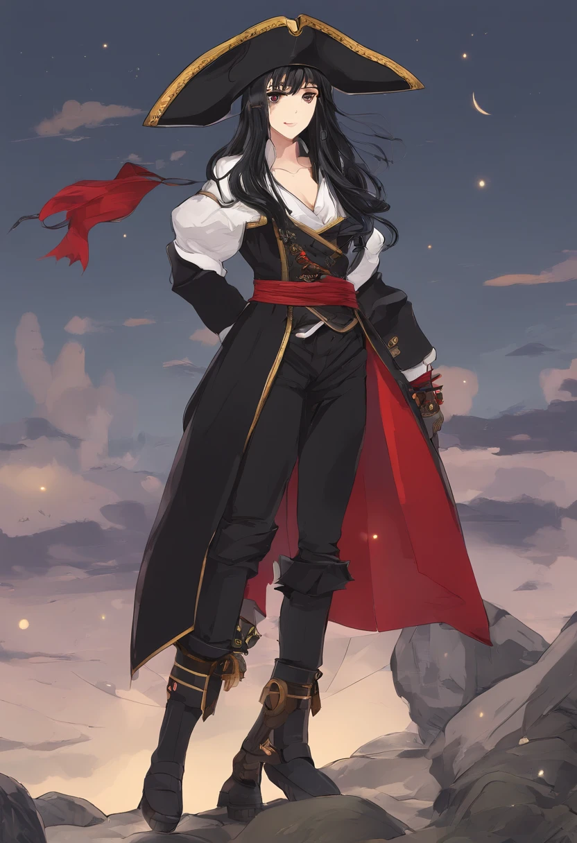 Pirate, long black hair, hazel eyes, light skin, serious look, girl, black clothes, brown hat, red sash, brown boots, full body, , black pants, right foot on a rock, left foot on dirt, sword in right hand