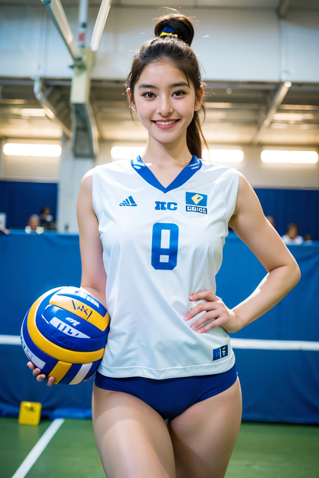 woman posing for a photo,(wearing volley_uniform:1.3),standing in court, wearing white uniform, holding volley ball, hair band, in court of stadium,
good hands, 8k, high-res, masterpiece, best quality, finely detailed skin, sharp focus, (cinematic lighting), soft lighting, dynamic angle, [:(detailed face:1.2):0.2],(((inside volleyball field))), ((smile))