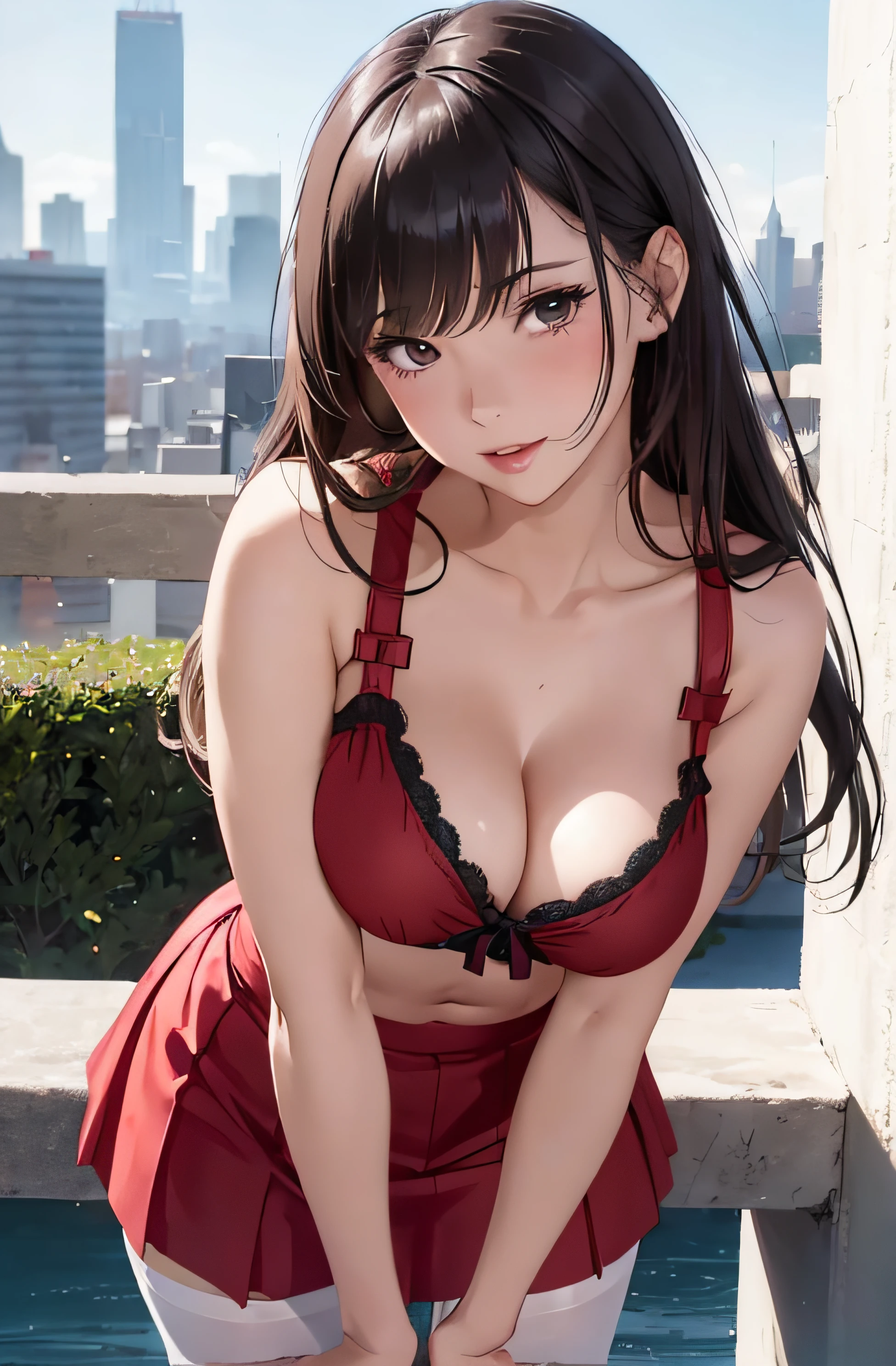 girl in summer clothes, red skirt, pantyhose or long stockings, making like she wants to kiss you, view from viewer, medium breasts, cleavage, cityscape, flirtatious look, ((very detailed)), (perfectly detailed face), (well detailed hand) photorealistic image.