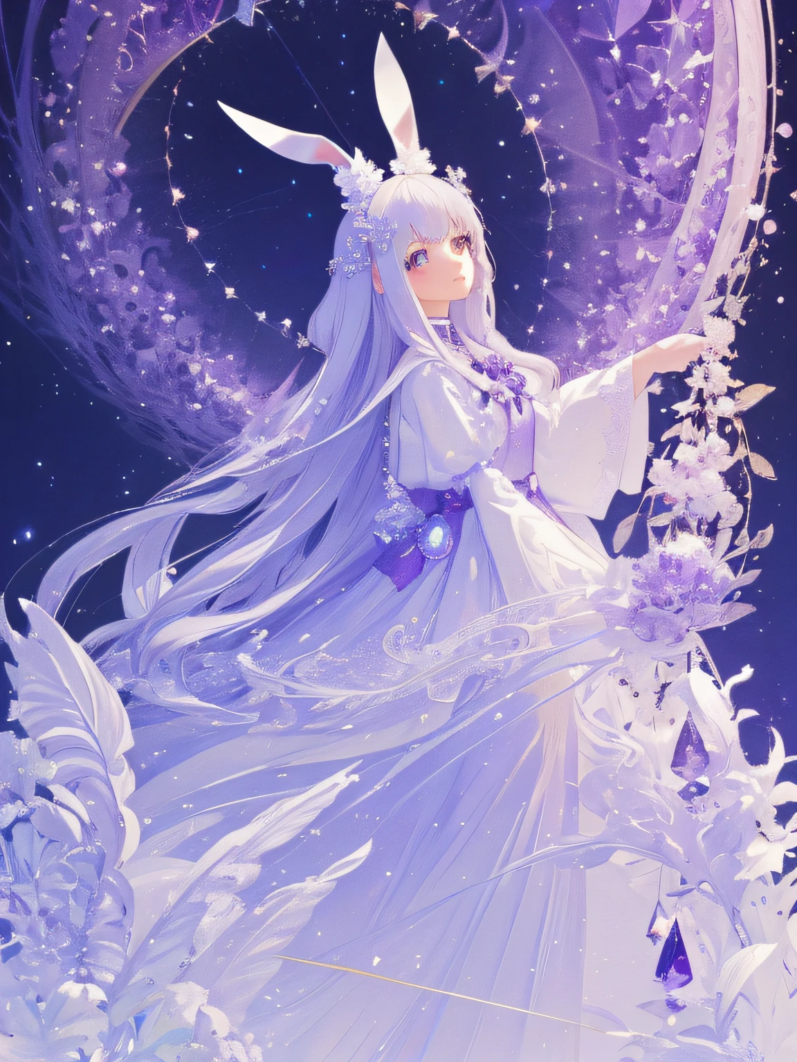 (​masterpiece、top-quality、top-quality、Official art、Beautifully Aesthetic:1.2)、Girl with the moon and rabbit ears　　(1girl in:1.2)、(Fractal Art:1.3)、　It's like a scene from a movie where it snows　Studded sequins　Holding an amethyst crystal in both hands　Curled fluffy permagirl