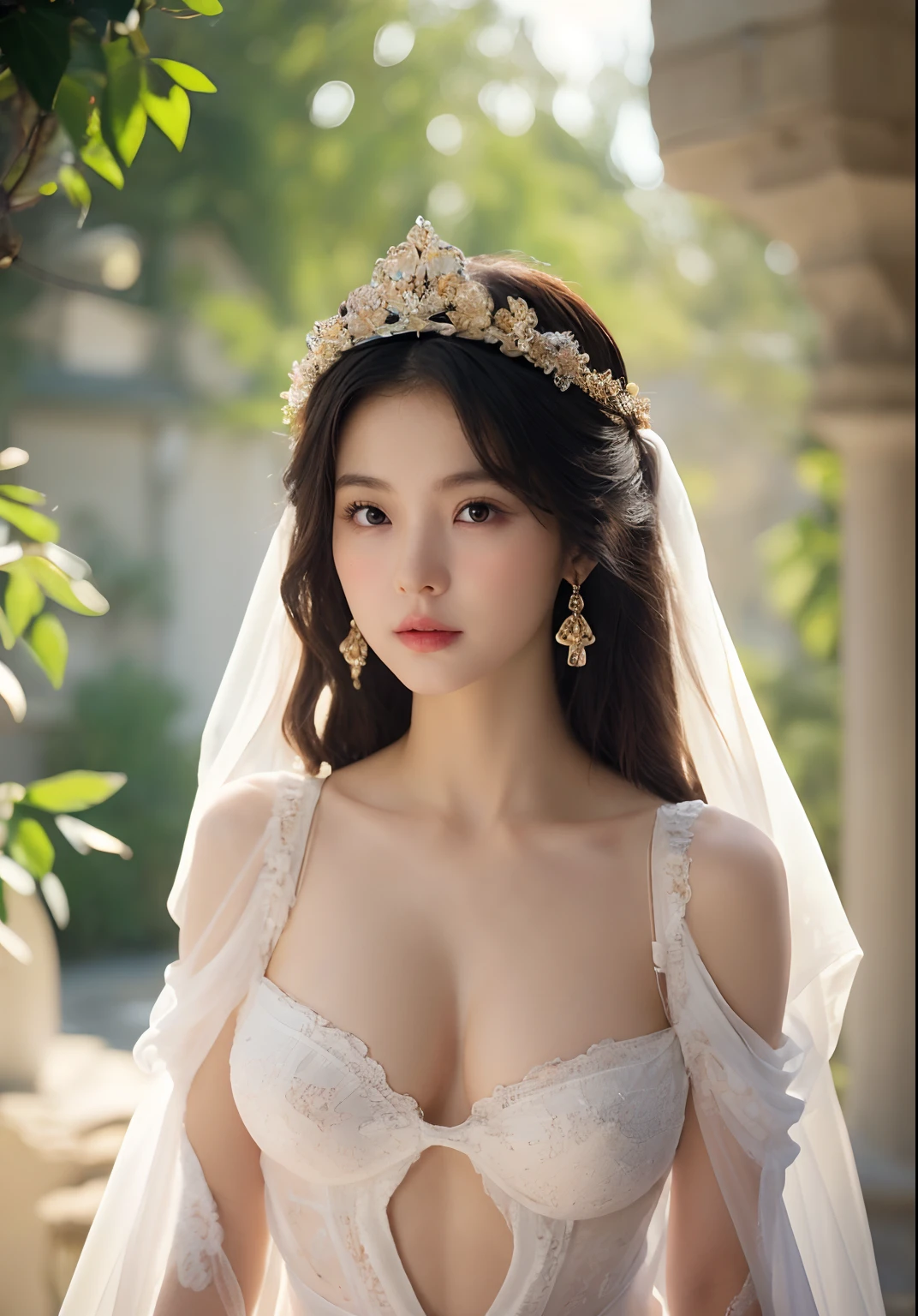 1girl, (beauty breast), (upper body), ((transparent wear)), (erotic_), indoor bedroom castle (blur background), (masterpiece), kim Yoo-jung, (aphrodite goddess), pretty young face (Russian) (Asian), adept art, very best quality detailed face:1.5, (8k HD graphic, (soft and chill light), best quality detailed ultra highres:1.2 dynamic lighting, artstation, winner photography, volumemetricslighting),