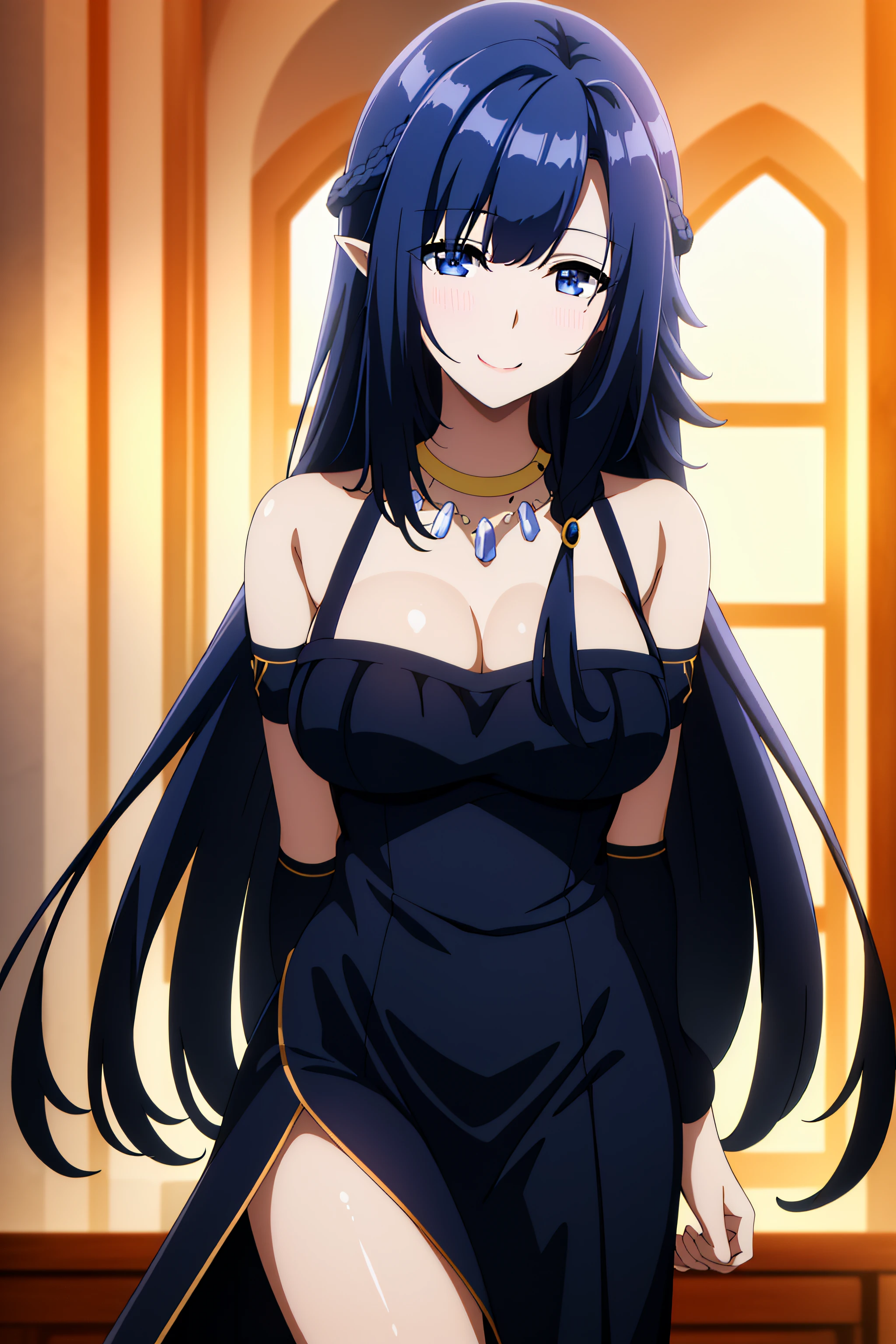 masterpiece, best quality, highres, best quality, highres,1girl, pointy ears,necklace,Gem,Dark Blue hair,Dark Blue Eyes, Bangs, strong pose,smile,wearing pretty princess dress, standing,pose,han on hip,modern fashion,NSFW,official art,extremely detailed CG unity 8k wallpaper, perfect lighting, (masterpiece:1.0),(best_quality:1.0), ultra high res,4K,ultra-detailed, photography, 8K, HDR, highres, absurdres:1.2, Kodak portra 400, film grain, blurry background, bokeh:1.2, lens flare, (vibrant_color:1.2),(beautiful_face:1.5),(narrow_waist),(perfect hands, perfect anatomy),