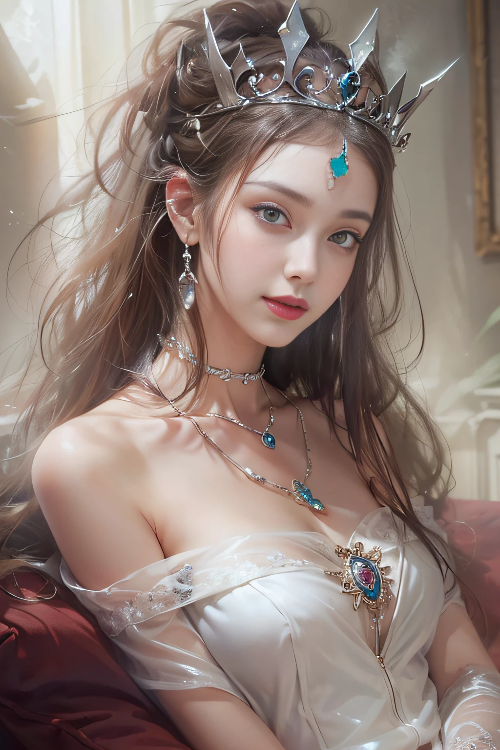 ((masterpiece:1.4)、(top-quality:1.4)、(reallistic:1.7))、Ultra-realistic portrait of the beautiful Martian queen by Luis Royo、Super beautiful girl queen、((1girl in:1.4))、Shiny natural skin texture、(The Queen's ornate outfit)、(White formal suit:1.4)、By Luis Royo、age19、(Cute tattoos:1.4)、(Two arms:1.4、Two legs:1.4)、(perfect anatomia:1.4)、(Perfect female body:1.4)、Portrait photo of a girl、Close-up photos、Upper body photography、Fantasyart、Soft front light、beautiful countenance、kawaii faces、Beautiful udder、large full breasts:1.2、Beautiful ass、A detailed eye、Draw the eyes clearly, Beautiful and attractive eyes、beautidful eyes、Narrow waist、Raw photo、red-lips、Long hair is set like a queen in a cool way、(tiarra:1.4、a choker:1.4、a necklace:1.4、耳Nipple Ring:1.4)、1 screen display、Beautiful girl standing in the royal palace of the Martian Kingdom