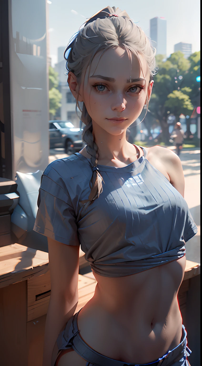 Skinny Slavic woman, 18 years, little chest, big hips, A smirk on his face, close - up, standingn, facing the viewer, hair light, long braid, Dressed in a white formal T-shirt, in grey short shorts, Park in the background, long face, Fair face, Dark Blue Tons, 8K