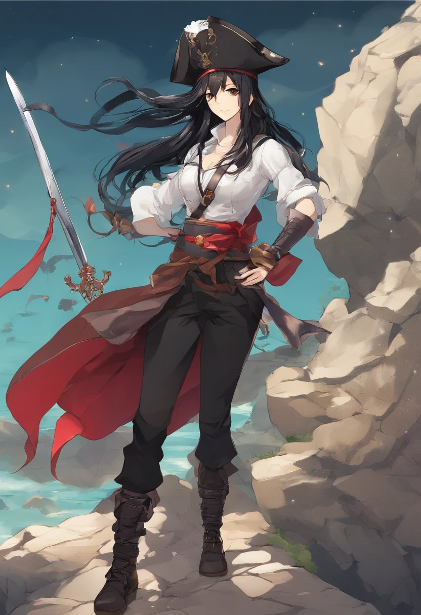 Pirate, long black hair, hazel eyes, light skin, serious look, girl, black clothes, brown hat, red sash, brown boots full body, , black pants, right foot on a rock, left foot on dirt, sword in right hand