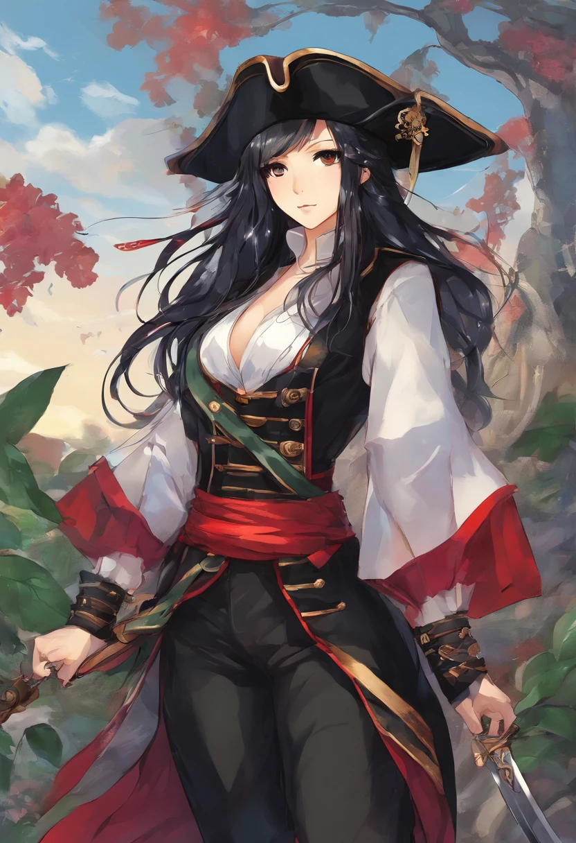 Pirate, long black hair, hazel eyes, light skin, serious look, girl, black clothes, brown hat, red sash, brown boots full body, , black pants, right foot on a rock, left foot on dirt, sword in right hand