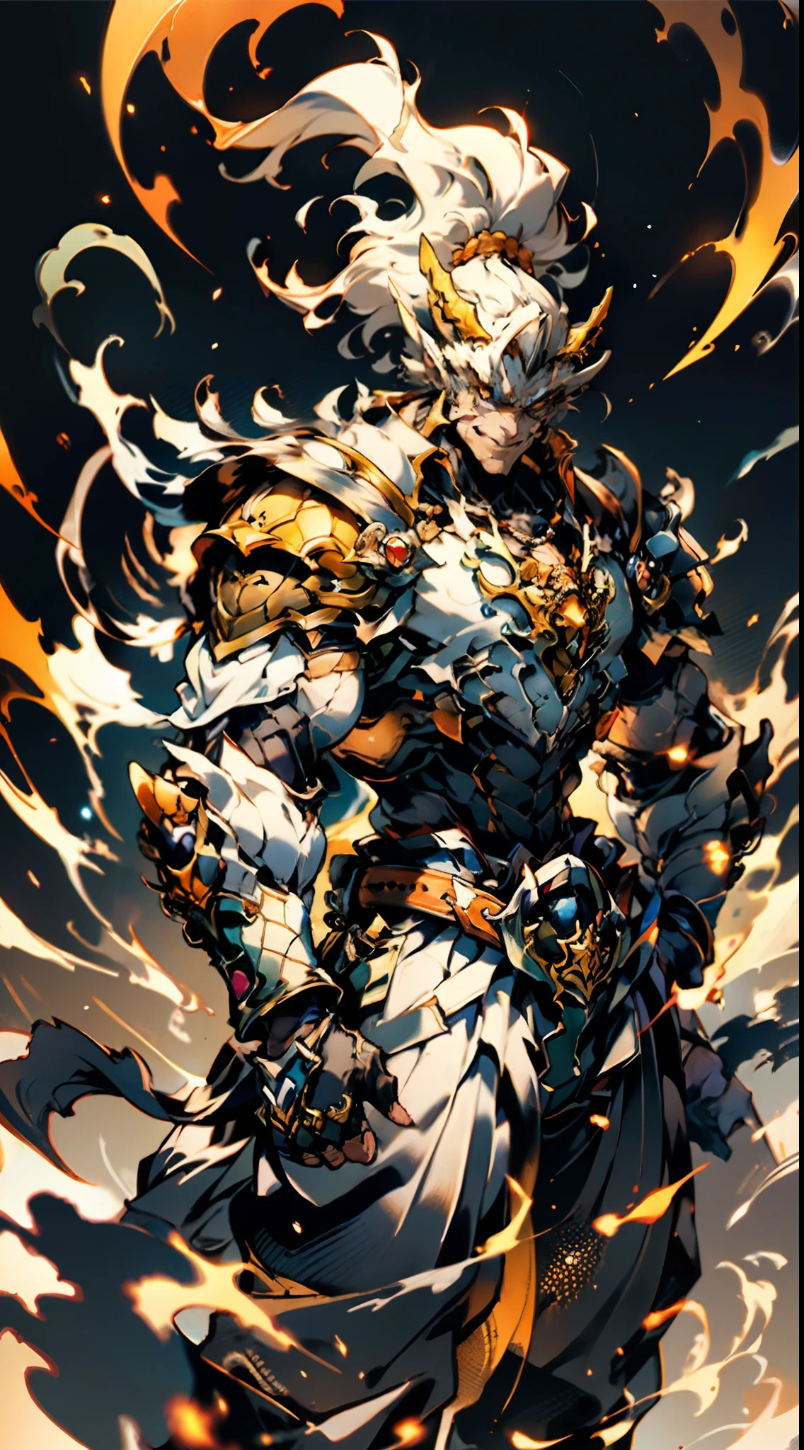 ((A young man:1.2)), short orange-brown hair, a wild hairstyle, knife-like thick eyebrows, bright and spirited big eyes, a fearless expression, a smile at the corner of his mouth, he wears a bizarre fantasy surreal-style chest armor with scales textures, wearing a dark bodysuit underneath, fingerless gloves, a beautifully fur belt around his waist, matching coarse cloth trousers, undaunted and wild posture, the background depicts a torn sky and earth, this character embodies a finely crafted fantasy surreal-style in anime style, characterized by an exquisite and mature manga illustration art style, high definition, best quality, highres, ultra-detailed, ultra-fine painting, extremely delicate, professional, anatomically correct, symmetrical face, extremely detailed eyes and face, high quality eyes, creativity, RAW photo, UHD, 8k, Natural light, cinematic lighting, masterpiece-anatomy-perfect, masterpiece:1.5