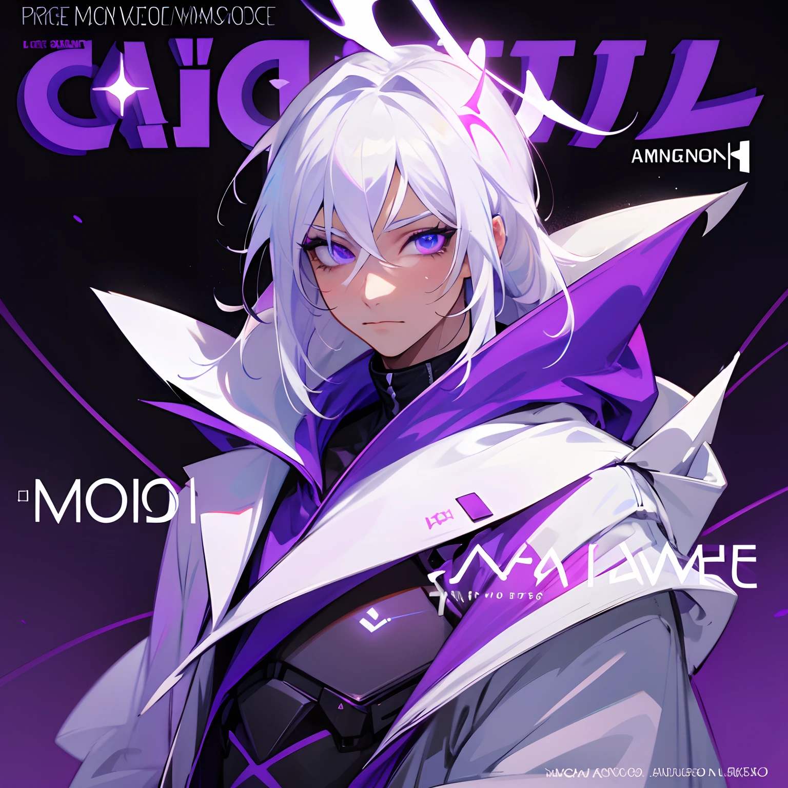 Magazine cover title:prime ultima,
1male with white hair purple glowing radiant eyesad face expression long eyelashes, wearing fashion hoodie, background very high tech futuristic city black and purple theme,