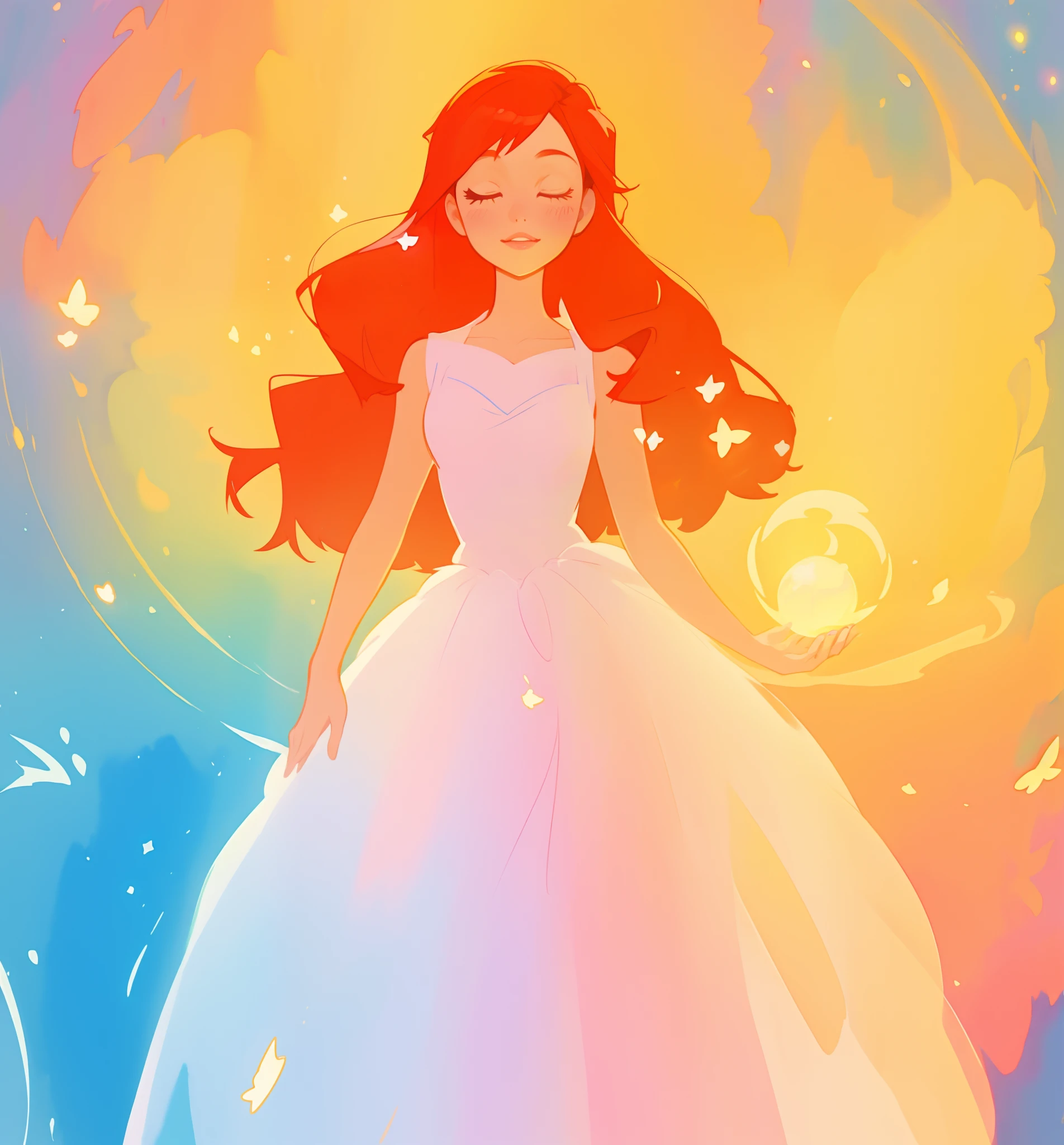 beautiful girl in puffy ballgown dress, fairy dress, long red hair, watercolor illustration, inspired by Glen Keane, inspired by Lois van Baarle, disney art style, by Lois van Baarle, glowing aura around her, by Glen Keane, jen bartel, glowing lights! digital painting, flowing glowing hair, glowing flowing hair, beautiful digital illustration, fantasia otherworldly landscape plants flowers, beautiful, masterpiece, best quality, anime disney style