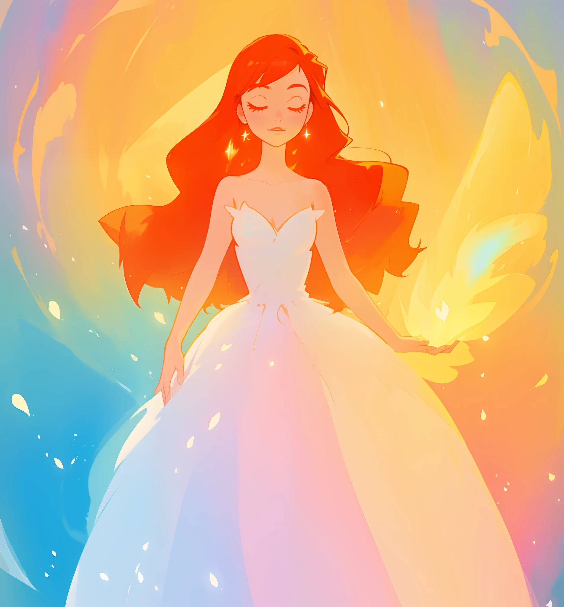 beautiful girl in puffy ballgown dress, fairy dress, long red hair, watercolor illustration, inspired by Glen Keane, inspired by Lois van Baarle, disney art style, by Lois van Baarle, glowing aura around her, by Glen Keane, jen bartel, glowing lights! digital painting, flowing glowing hair, glowing flowing hair, beautiful digital illustration, fantasia otherworldly landscape plants flowers, beautiful, masterpiece, best quality, anime disney style