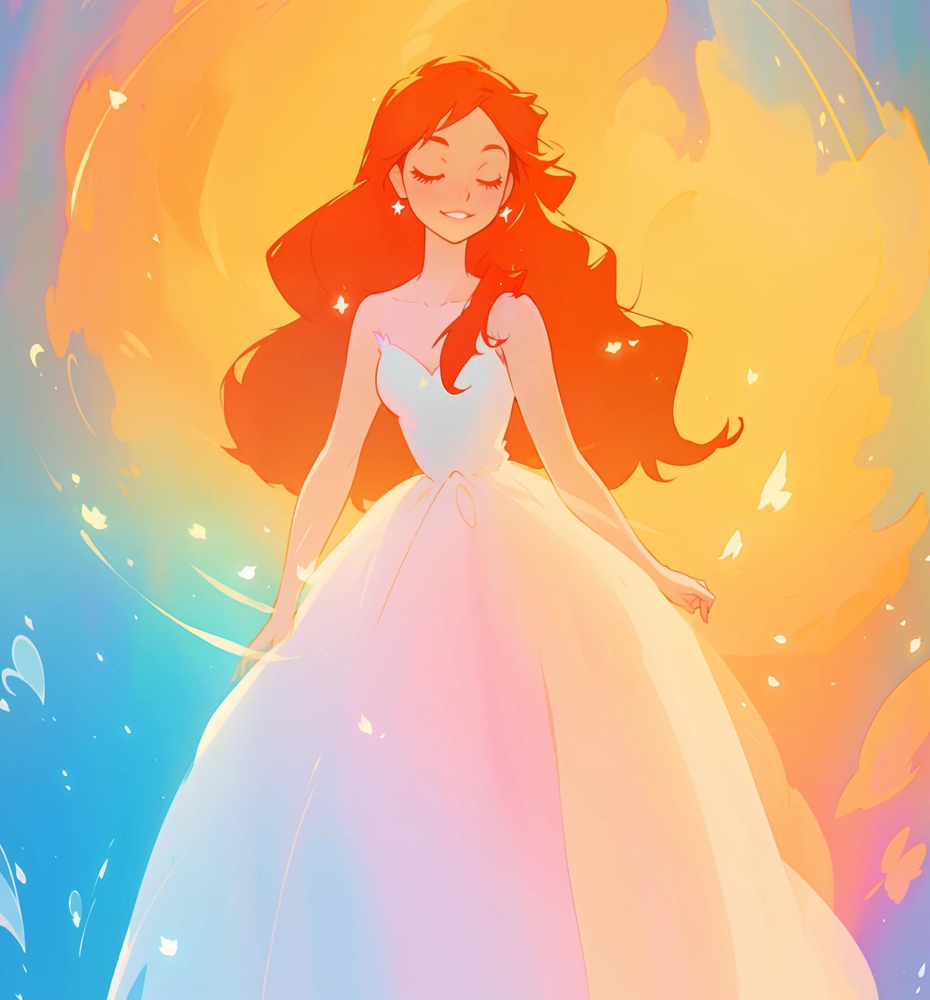 beautiful girl in puffy ballgown dress, fairy dress, long red hair, watercolor illustration, inspired by Glen Keane, inspired by Lois van Baarle, disney art style, by Lois van Baarle, glowing aura around her, by Glen Keane, jen bartel, glowing lights! digital painting, flowing glowing hair, glowing flowing hair, beautiful digital illustration, fantasia otherworldly landscape plants flowers, beautiful, masterpiece, best quality, anime disney style