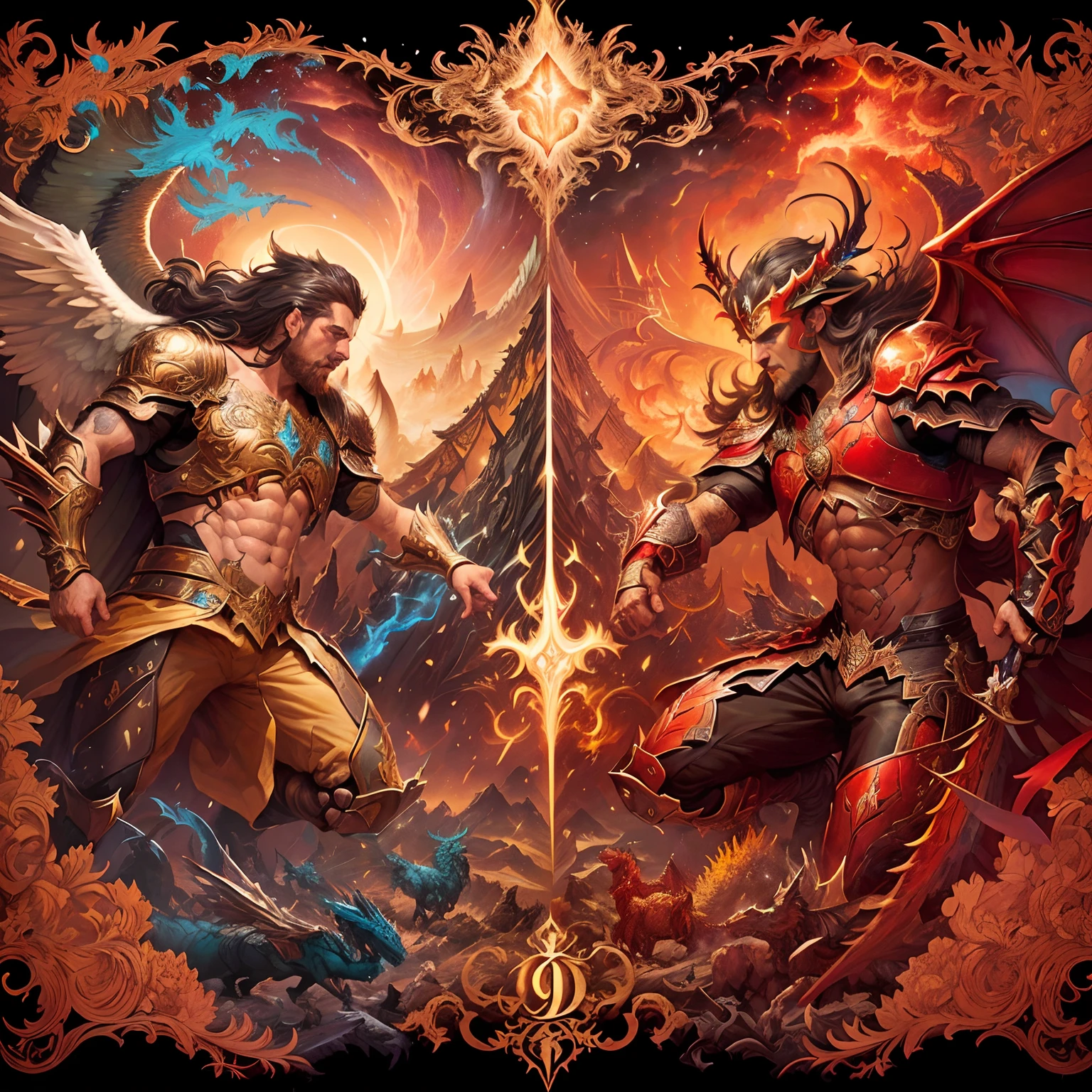 A close-up of two paintings of a man and a dragon, Batalla entre el bien y el mal, battle between angels and demons, Estilo Dan Mumford y Alex Grey, Anton Fadeev y Dan Mumford, Dan Mumford y Peter Mohrapter, el bien y el mal, Angel vs Angel. Diablo, Diablo vs. angel, El Bosco y Dan Mumford, Peter Mohrapher y Dan Mumford