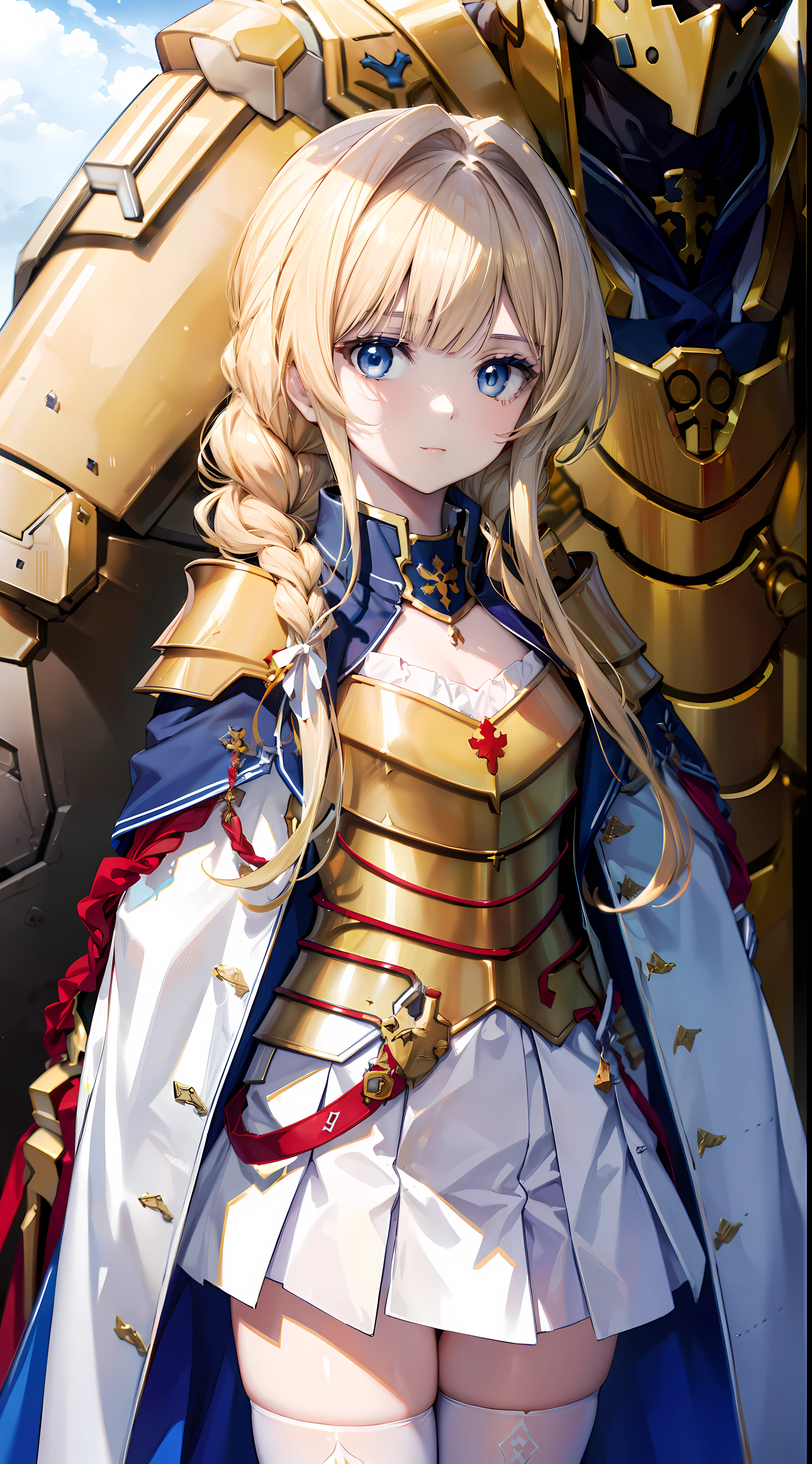 sandrone, alice zuberg, bangs, Blue eyes, Blonde hair, hair between eye, Very long hair, Braid, shairband, white hair ribbon,
Broken dress, Cape, Armor, Blue dress, Shoulder armor, mitts, pauldrons, chest plate, Armored dress, faulds, Blue cape, cavalier, (Gold armor:1.5), Body armor,
Break free from the outside, forest, Nature, Sun, sky,
BREAK looking at viewer, (Cowboy shot:1.5),
Break (Masterpiece:1.2), Best quality, high resolution, Unity 8k wallpaper, (illustration:0.8), (Beautiful detailed eyes:1.6), Extremely detailed face, Perfect lighting, Extremely detailed CG, (Perfect hands, Perfect anatomy),(((white stockings)))