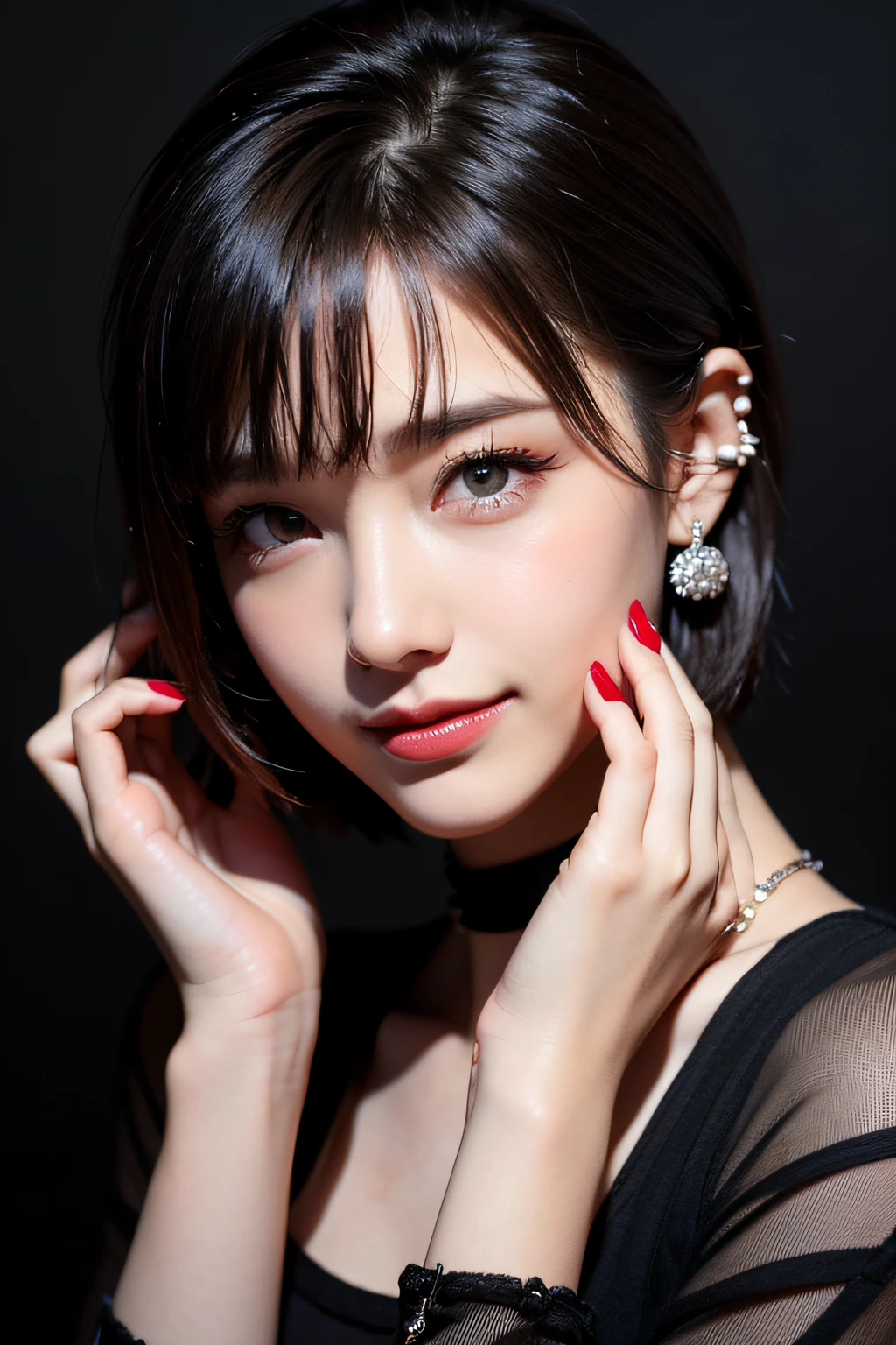 Pilyeon, Solo, 1girl in, Black nails, Jewelry, Short hair, Looking at Viewer, Choker, Necklace, hand on own face, Piercing, ((Black background)), heart mark, Closed mouth, grey eyes, nail polish, Simple background, Grey Hair, ear piercings, Black Choker, Smile, Eyelashes, Lips, hands on own cheeks, Bangs, Bracelet, bead, Pedras preciosas, earrings, Fingernails