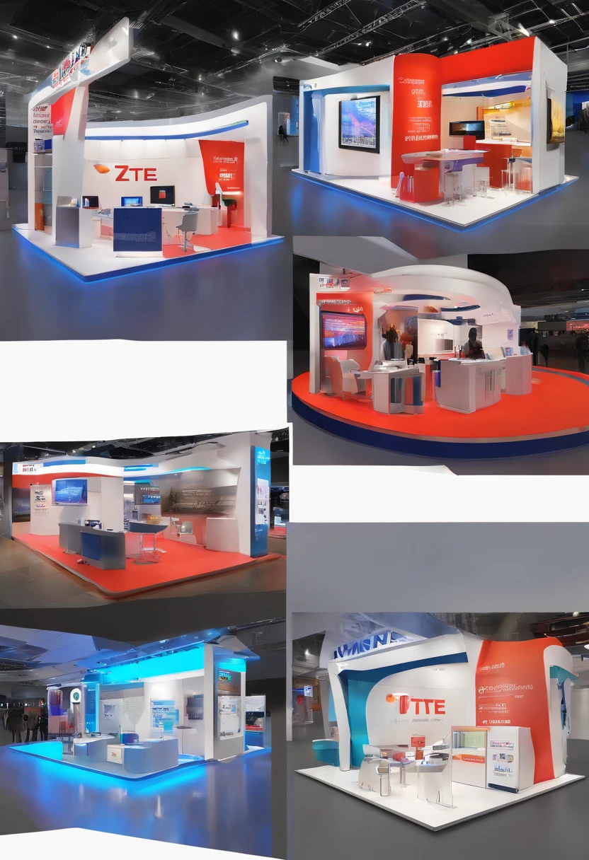 MWC Black High Color ZTE Large-scale Telecom Industry Booth。the detail，Canon EOS DSLR photo。 hyper HD、8k解像度、Sharp focus、Blue environment Exhibit gallery background，full-color、very low angle、The top truss structure, the lintel, the special-shaped chamfer, the twist, the novelty and distinctiveness, the fashionable and modern ceiling structure、There is a logo on the lintel，The booth was divided into several areas，Colorful and beautiful graphic light box ZTE mobile phone poster picture。Sample display experience table array There are a few people