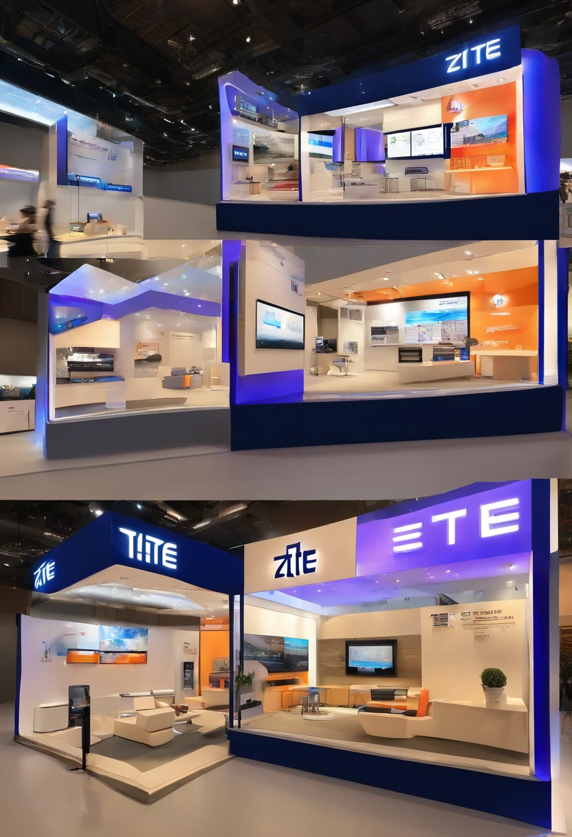 MWC Black High Color ZTE Large-scale Telecom Industry Booth。the detail，Canon EOS DSLR photo。 hyper HD、8k解像度、Sharp focus、Blue environment Exhibit gallery background，full-color、very low angle、The top truss structure, the lintel, the special-shaped chamfer, the twist, the novelty and distinctiveness, the fashionable and modern ceiling structure、There is a logo on the lintel，The booth was divided into several areas，Colorful and beautiful graphic light box ZTE mobile phone poster picture。Sample display experience table array There are a few people