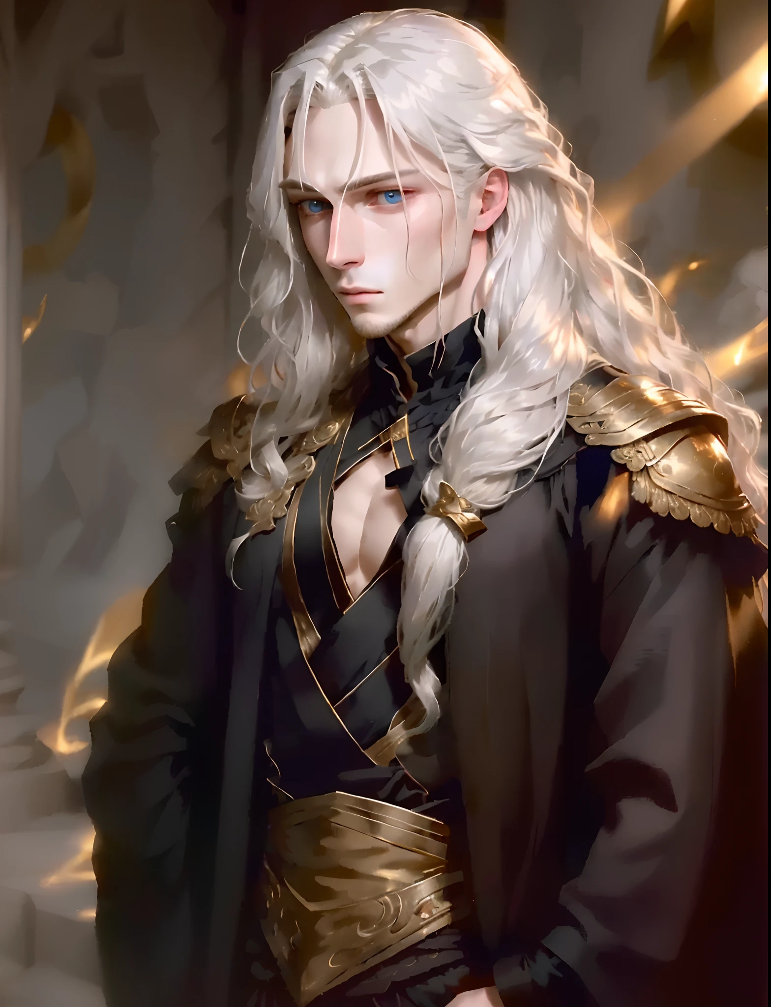 long  white hair，Golden pupils，youth，Handsome，goodlooking，Mysterious and noble