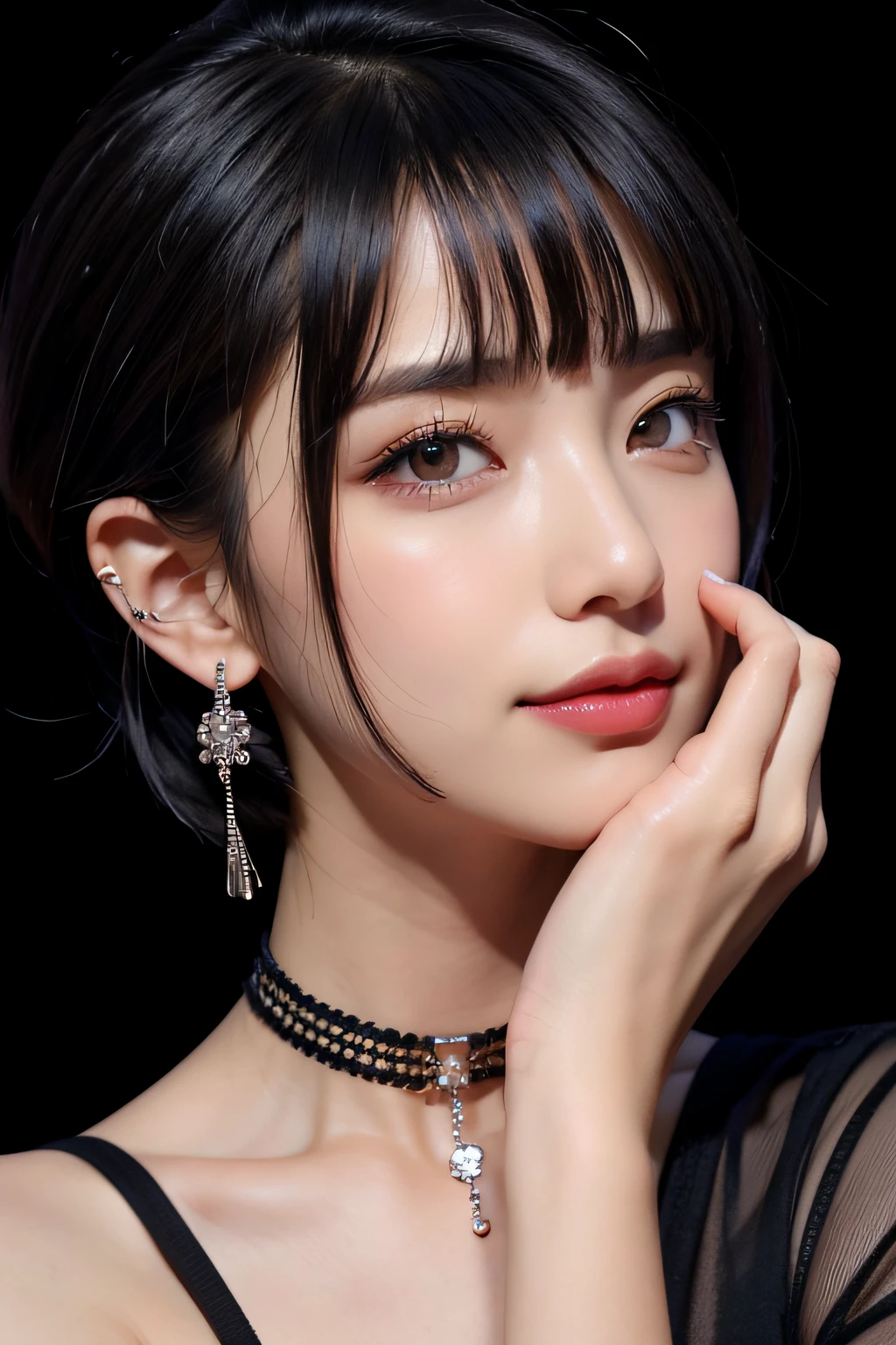 Pilyeon, Solo, 1girl in, Black nails, Jewelry, Short hair, Looking at Viewer, Choker, Necklace, hand on own face, Piercing, ((Black background)), heart mark, Closed mouth, grey  eyes, nail polish, Simple background, Grey Hair, ear piercings, Black Choker, Smile, Eyelashes, Lips, hands on own cheeks, Bangs, Bracelet, bead, Pedras preciosas, earrings, Fingernails