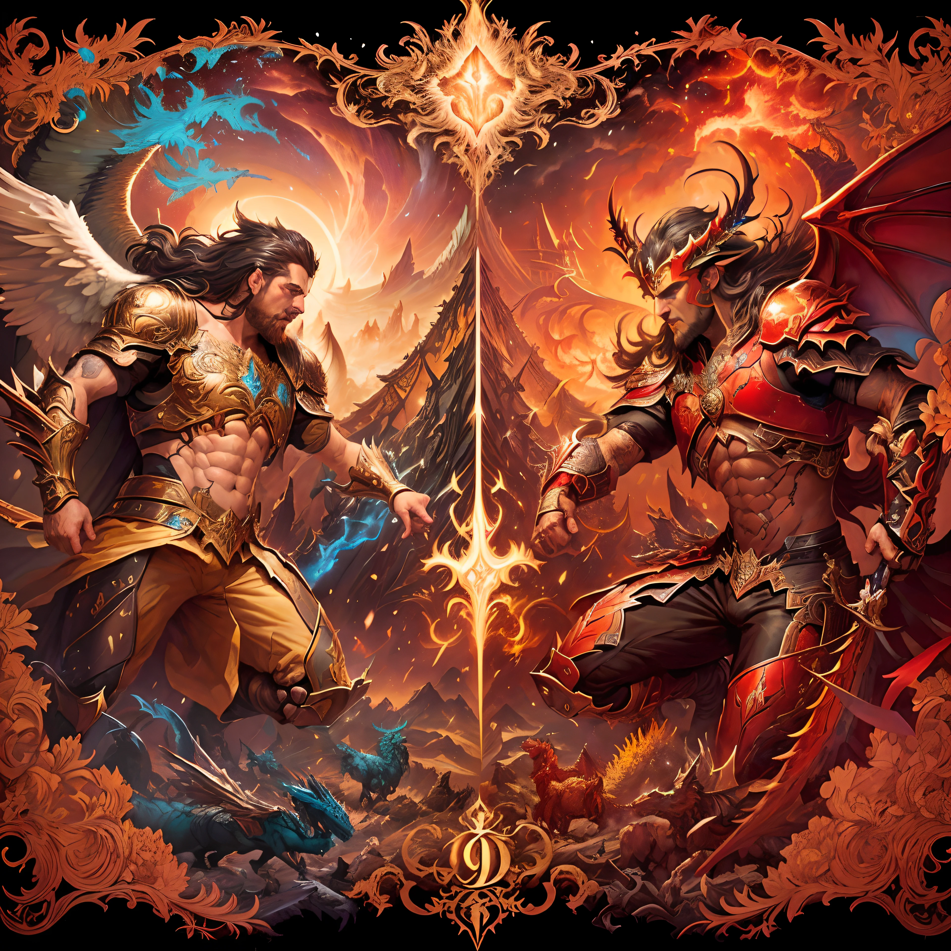A close-up of two paintings of a man and a dragon, Batalla entre el bien y el mal, battle between angels and demons, Estilo Dan Mumford y Alex Grey, Anton Fadeev y Dan Mumford, Dan Mumford y Peter Mohrapter, el bien y el mal, Angel vs Angel. Diablo, Diablo vs. angel, El Bosco y Dan Mumford, Peter Mohrapher y Dan Mumford