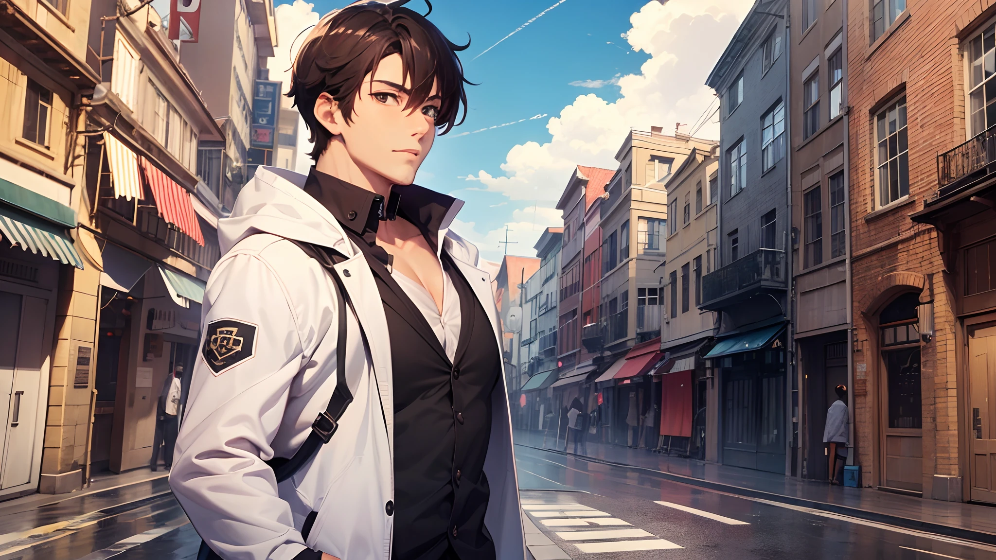 anime big breast,Q version,Pointed face,Handsome man with brown hair,Look at the sky --auto --s2