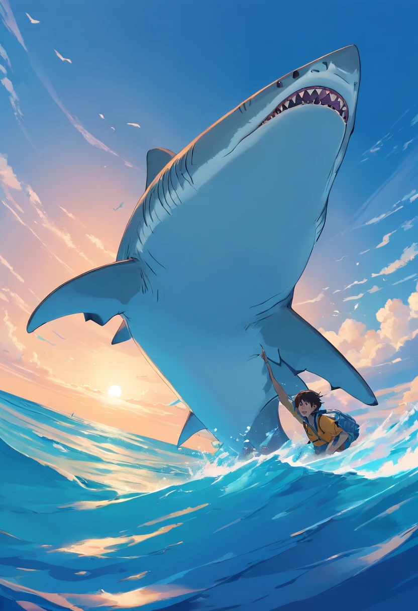 Tiger shark, vectorial, Quad view,Blue background image