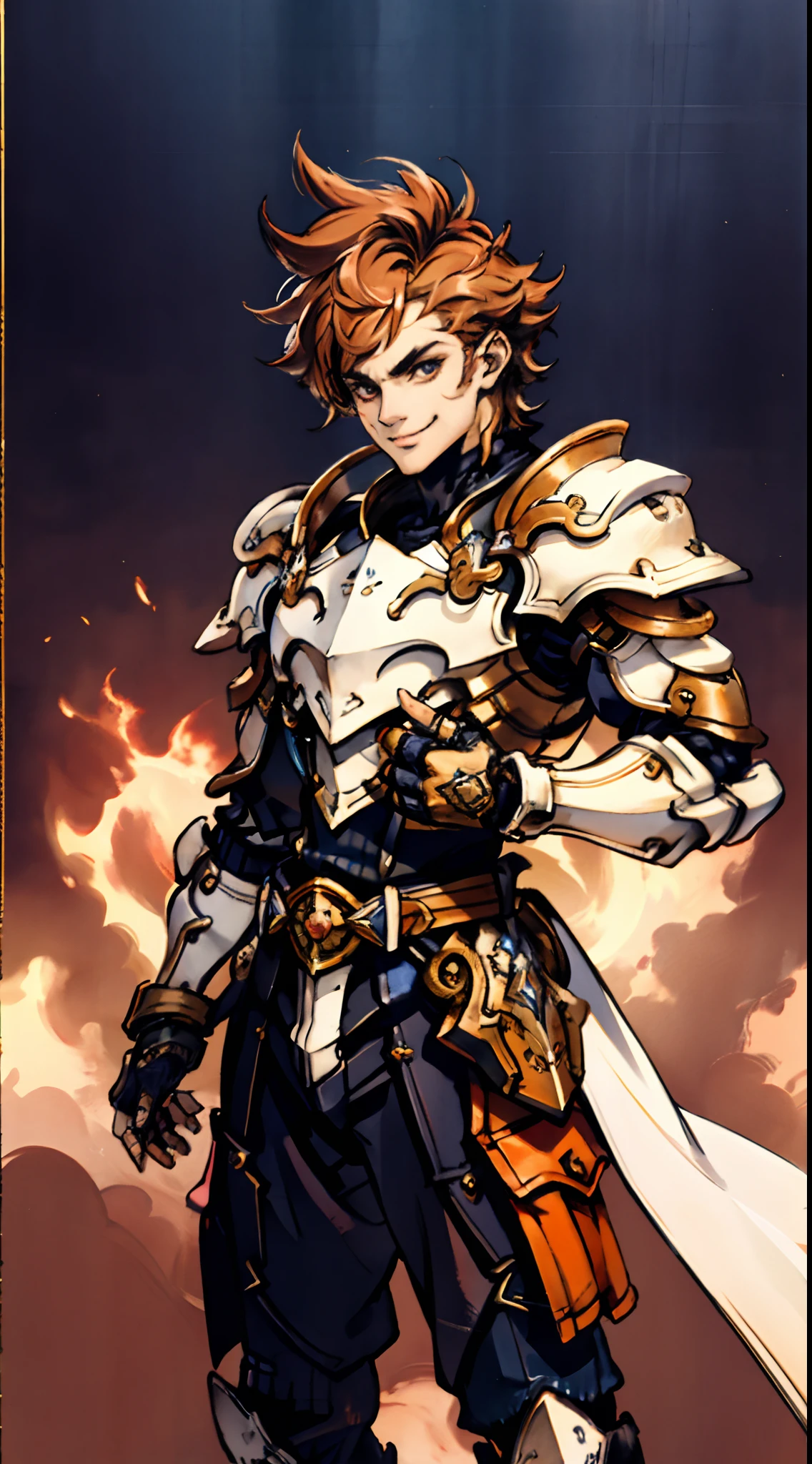 ((A young man:1.2)), short orange-brown hair, a wild hairstyle, knife-like thick eyebrows, bright and spirited big eyes, a fearless expression, a smile at the corner of his mouth, he wears a bizarre fantasy surreal-style chest armor with scales textures, wearing a dark bodysuit underneath, fingerless gloves, a beautifully fur belt around his waist, matching coarse cloth trousers, undaunted and wild posture, the background depicts a torn sky and earth, this character embodies a finely crafted fantasy surreal-style in anime style, characterized by an exquisite and mature manga illustration art style, high definition, best quality, highres, ultra-detailed, ultra-fine painting, extremely delicate, professional, anatomically correct, symmetrical face, extremely detailed eyes and face, high quality eyes, creativity, RAW photo, UHD, 8k, Natural light, cinematic lighting, masterpiece-anatomy-perfect, masterpiece:1.5