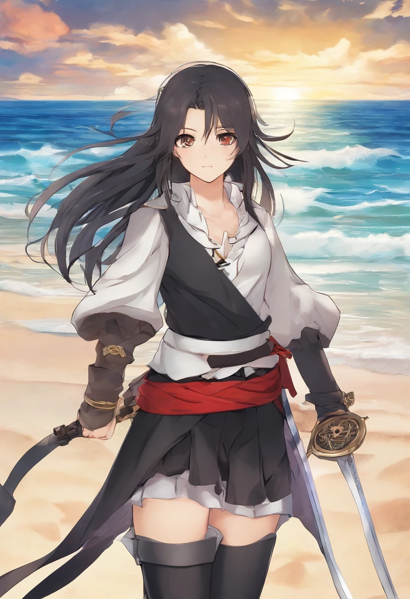Beach background, Pirate, full body, girl, light skin, long black hair, braid in hair, hazel eyes, serious look, black clothes, red sash, black pants, brown boots, left foot in dirt, right foot in a rock, sword in right hand