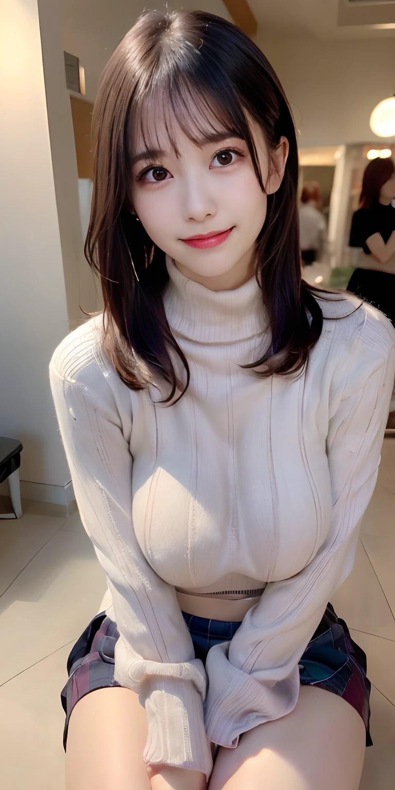 masutepiece, Best Quality, 
Ultra-detailed, finely detail, hight resolution, in 8K,
((Photorealsitic:1.4, Raw photography, 超A high resolution,Top image quality: 1.4)),
Wallpaper, 
((Perfect whole body configuration1.5)), 
((Beautiful detailed eyes, Natural Color Lip、Clean face、Gaze staring at the camera、Lashes、big eye、Distinct double eyelids、Tear mole、glowy skin、Clean skin quality、lipgloss)),
((A big smile:1.5)),((Turtleneck knitwear(random color),Plaid micro mini skirt:1.5)),
((Random and cute hairstyles)), 
((large breasts size:1.2)),
((Open your legs wide、Sit on one knee upright:1.5)),
((breastsout、under look eyes、Mole on the arm:1.6)),
((look up to)),
((Random blurry background)),
((Random and cute facial expressions:1.5)),, 
((((One lady:1.5))))
very detailed and professional lighting、
((thigh visible:1.5))
