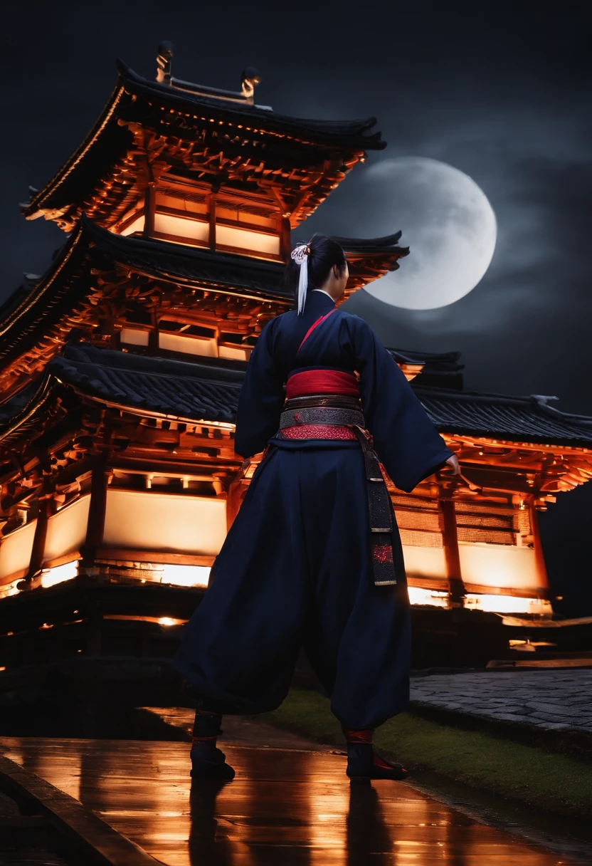 "(Female Ninja at Soul Edge、Taki), incredible details, fierce pose, Japan traditional castle background, Moon Night、Magnificent illustrations, Perfect picture quality"