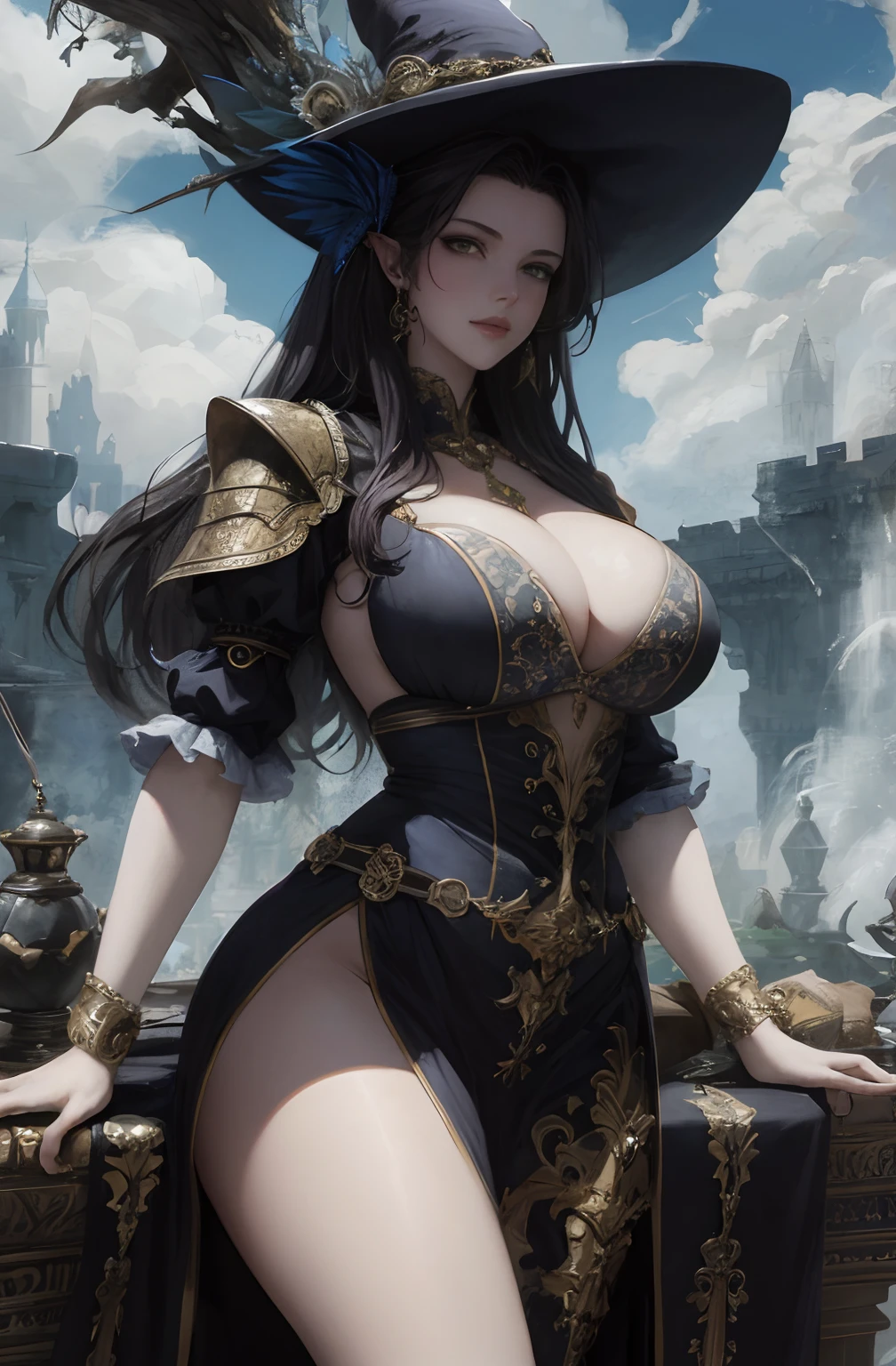((Need)), ((tmasterpiece)), (A detailed), Enchanting witch, Sexy beauty, Perched in clouds, (fantasy illustrations:1.3), Seductive gaze, captivating posture, heavy top, wearing witches armour,otherworldly charm, elf, Mysterious Sky, Singular clouds, evil book, Big Tits, big ass, thicc, Black Hair, Green Eyes, Smoking Pipe, Ancient castle Chibi,Large portrait building。