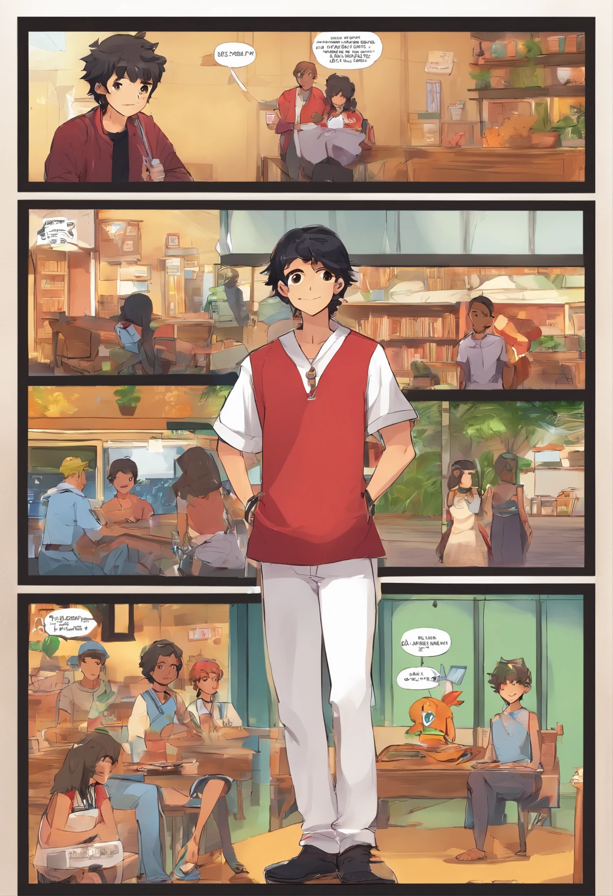 quadrinhos americanos, The comic is presented in several irregular panels with colors. quadrinhos americanos, The comic is presented in several irregular panels with colors.Quadrinhos americanos, The comic is presented in several irregular panels with colors.Lucas: Background Story: estudante de arte.garments: Jaqueta roxa com detalhes em preto.Story Summary: Lucas e seus amigos - Marvin, André, bochecha, Yasmin, Adrien, Plasma and Atemp - are transported to an isekai world full of challenges. After a tragedy, Lucas se afasta emocionalmente dos amigos, until he met Adrien, que o ajuda a redescobrir o amor. Atemp enfrenta uma crise em seu relacionamento com Plasma e parte em busca de respostas. Quando Atemp e Lucas se reencontram, eles embarcam em uma jornada para reunir os amigos, Strengthening the bonds of love and friendship. Marvin: Background Story: comediante stand-up.garments: Funny T-shirts, Red cap. André: Background Story: Guarda real.garments: practical clothes, Spear as a weapon. bochecha: Background Story: Aprendiz de Mago.garments: roupas coloridas, wide brimmed hat. Yasmin: Background Story: Estudante de magia talentosa.garments: Practical and elegant clothes, preferindo tons neutros. Adrien: garments: Jaqueta vermelha com detalhes roxos, mantendo sua vitalidade. Plasma: Background Story: Estudante de medicina.garments: Dark blue clothes with constellation prints. Atemp: Background Story: Talented musician.garments: tons sombrios, purple scarf to reflect your melancholy. Todos sao lindo quadrinhos escreva um quadrio com isso tudo que que te dei quadrinhos americanos, The comic is presented in several irregular panels with colors.