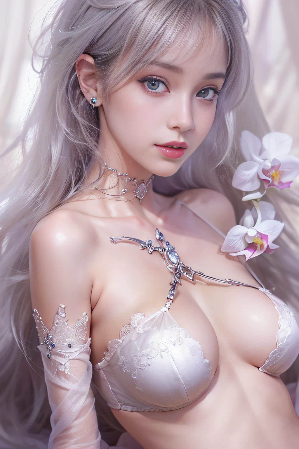 ((tmasterpiece:1.4)、(top-quality:1.4)、(reallistic:1.7))、By Luis Royo（By Luis Royo）Surreal portrait of a beautiful girl、Super beautiful girl、((1girl in:1.4))、Shiny natural skin texture、Authors：By Luis Royo（By Luis Royo）、age19、(Two arms:1.4、Two legs:1.4)、(perfect anatomia:1.4)、(Perfect female body:1.4)、Portrait photo of a girl、Close-up photos、Full body shooting、((masutepiece:1.4), (of the highest quality:1.4), (Realistic:1.7), By Luis Royo, Beautiful Girl, Super beautiful girl, ((1girl in:1. 4), Shiny natural skin texture, Authors: By Luis Royo, 19 years old, (Perfect female body: 1.4), (Perfect female body: 1.) 4), Portrait photo of a girl, Close-up photos, （Full body photo）, Fantasy Art, Soft front light, Beautiful expression, Kawaii face, Beautiful breasts, Large Full Breasted: 1. 2, Beautiful buttocks, Fine eyes, Clear and eye-catching, beautiful and alluring, Beautiful eyes, thin waist, Raw photo, Red lips, ((White hair, Long hair)) , 1 Screen View, ((Woman on all fours on silk bed)), (sexyposture), (the milky way in the sky),((T-back panties))、((White garters and garter belts))、(A smile),((posterior view))、((Looks Back))、((Vaginal orchids)）、((erection)）