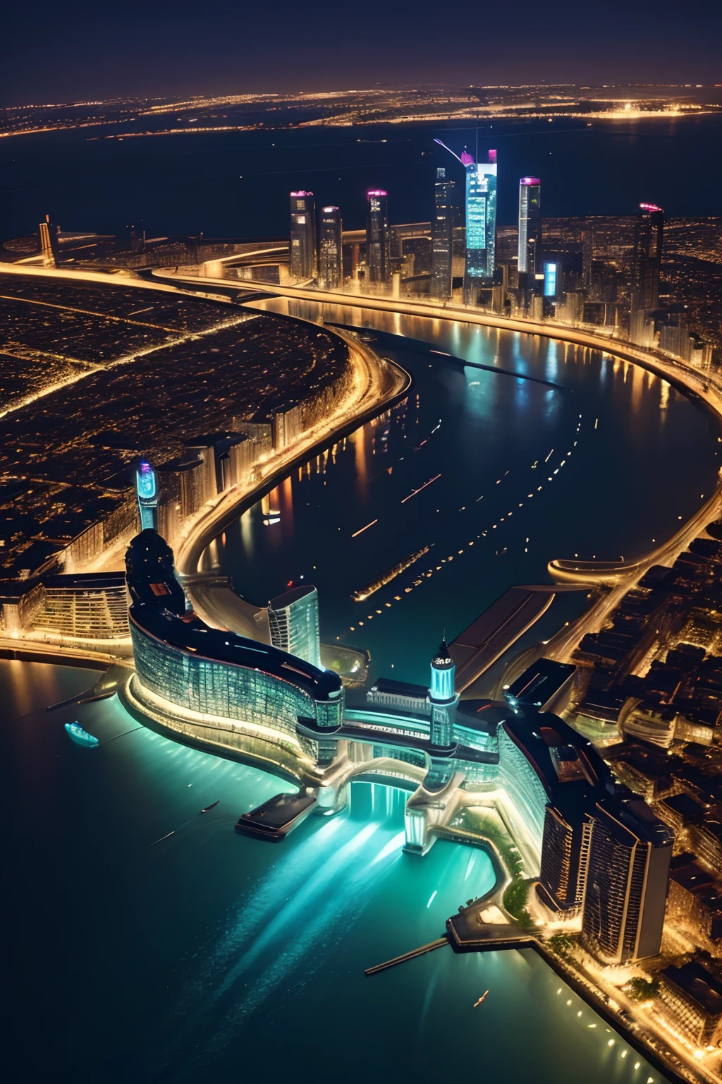 A super technological city with tall buildings, Abaixo d'agua, Buildings illuminated with colored lights, fundo escuro, Underwater view of civilization from above, Ultra realista, Muitos detalhes