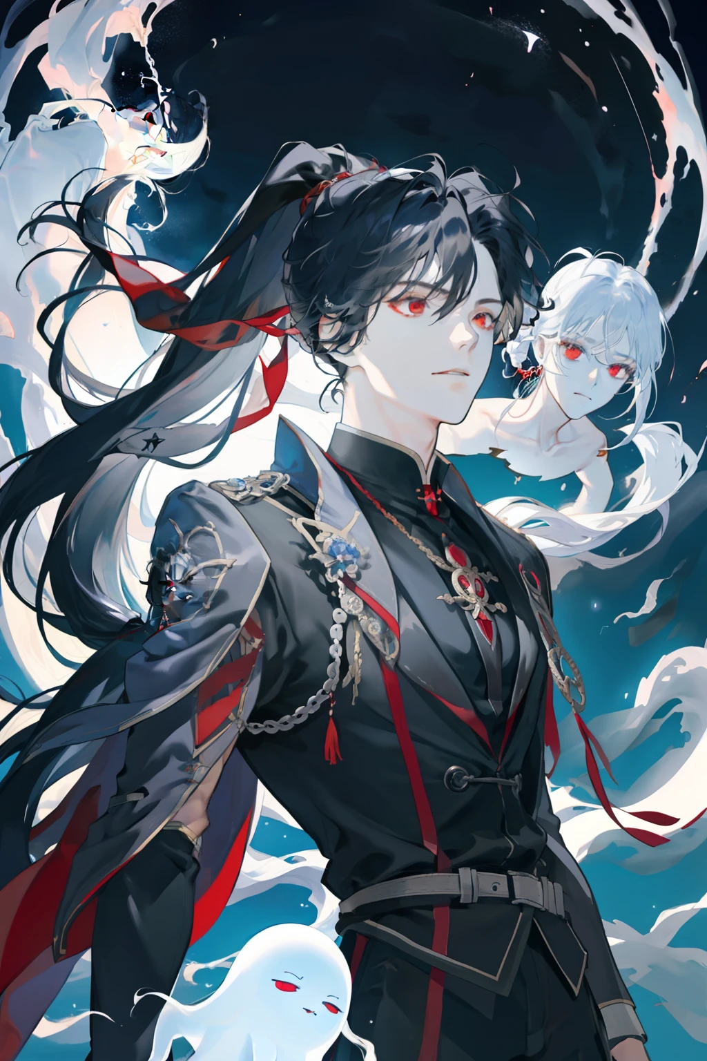tmasterpiece、Need、1male people、AS-Adult、、Tall muscular man、dark themes、ancient wind,cabelos preto e longos,Tie a ponytail,red eyes、Bubble Swirling、Wind swirl、Ghost masks,extreme light、Fantastic landscape, Starlight around the character, (The upper part of the body)