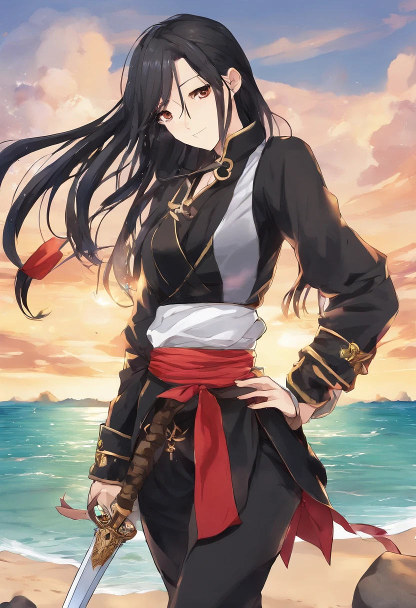 Beach background, Pirate, full body, girl, light skin, long black hair, braid in hair, hazel eyes, serious look, black clothes, red sash, black pants, brown boots, left foot in dirt, right foot in a rock, sword in right hand