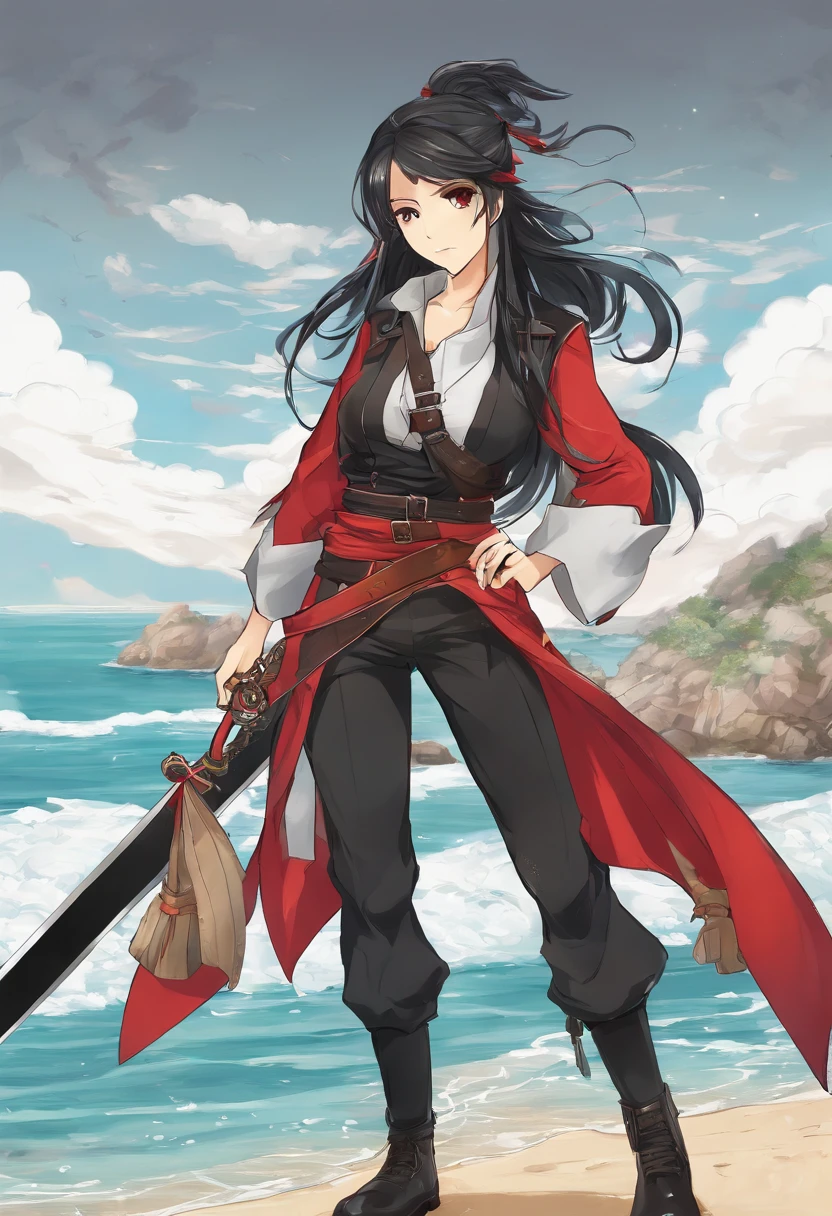 Beach background, Pirate, full body, girl, light skin, long black hair, braid in hair, hazel eyes, serious look, black clothes, red sash, black pants, brown boots, left foot in dirt, right foot in a rock, sword in right hand