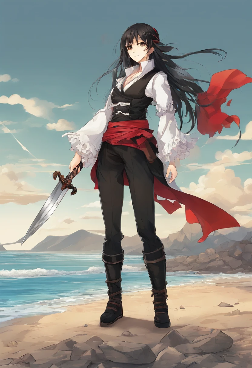 Beach background, Pirate, full body, girl, light skin, long black hair, braid in hair, hazel eyes, serious look, black clothes, red sash, black pants, brown boots, left foot in dirt, right foot in a rock, sword in right hand