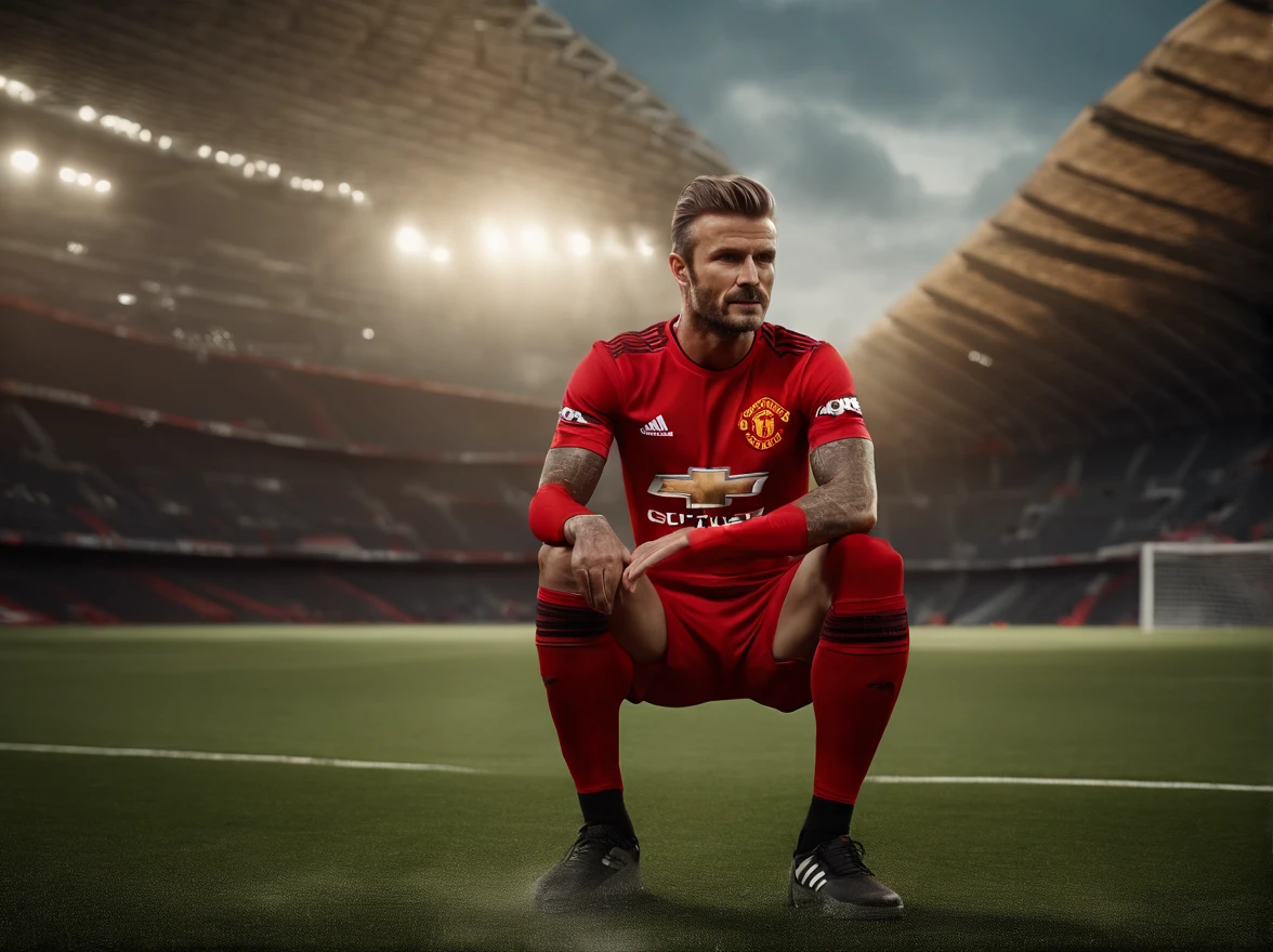 (Professional 3D Rendering:1.3) (Realistic:1.3) The most beautiful photos in the world,Soft features, David Beckham,(((Manchester United's red shirt,)))(( fantastic location, A majestic ground environment)), Full-body 8K unified rendering, action SHOT, detailliert, 详细的脸, (vibrating, photos realistic)((((Use skins)))), (Convoluted:1.4), (ighly detailed:1.4), suave, foco nítido, (globalillumination, studio lights, Light Volumetric), fully body photo、Soccer ball under your feet、