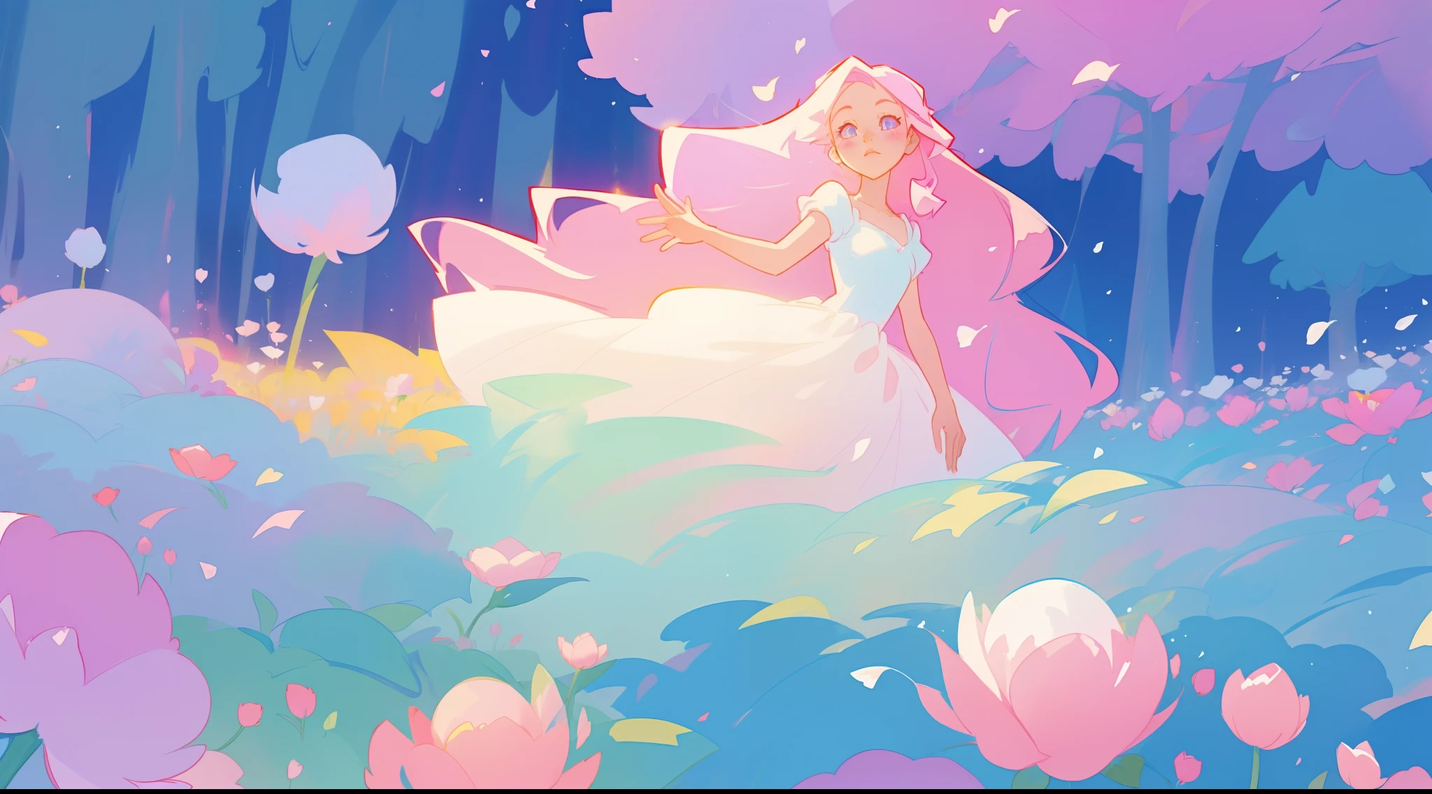 beautiful girl in puffy white ballgown, a field with puffball pink flowers, otherworldly flowers, whimsical landscape, long pink flowing hair, watercolor illustration, inspired by Glen Keane, inspired by Lois van Baarle, disney art style, by Lois van Baarle, by Glen Keane, jen bartel, digital painting, beautiful digital illustration, fantasia otherworldly landscape plants flowers, beautiful, masterpiece, best quality, anime disney style