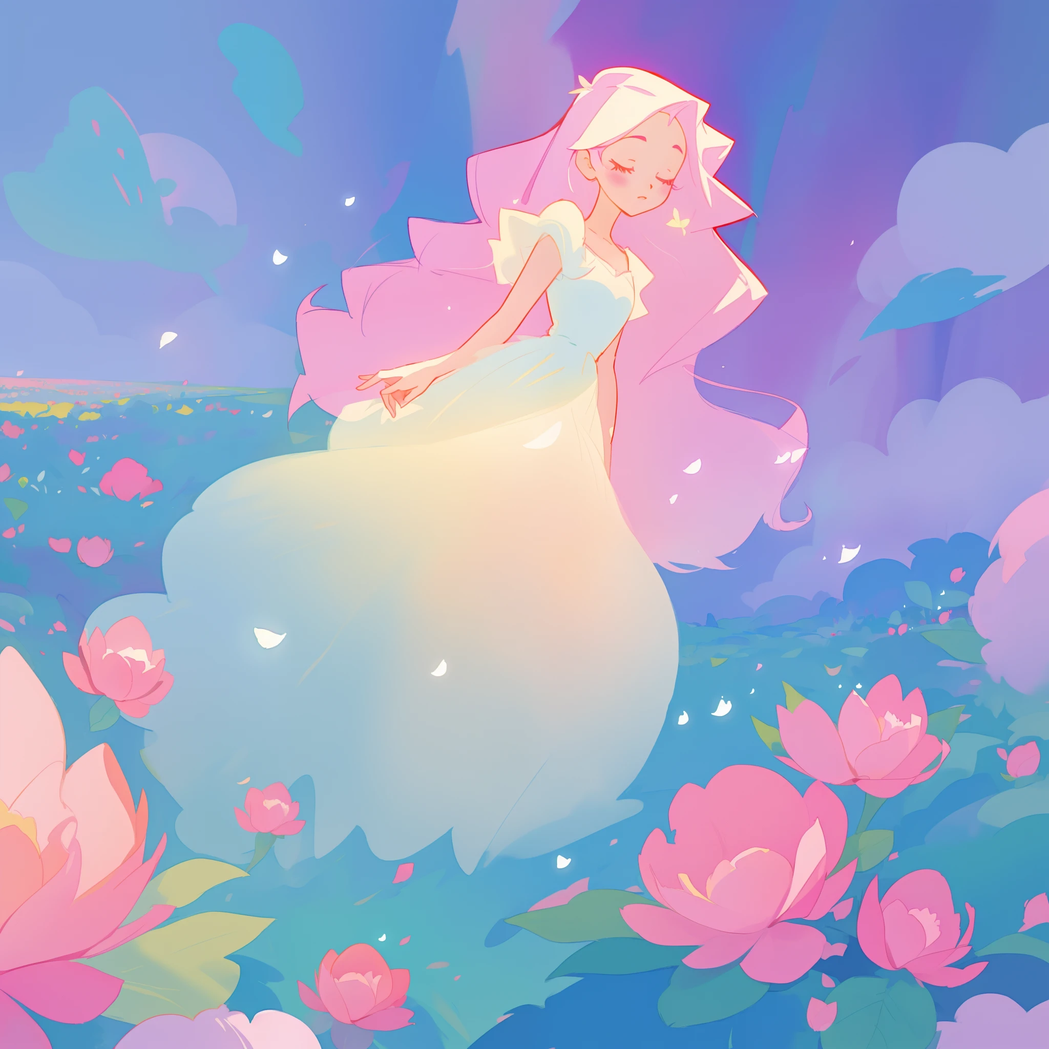 beautiful girl in puffy white ballgown, a field with puffball pink flowers, otherworldly flowers, whimsical landscape, long pink flowing hair, watercolor illustration, inspired by Glen Keane, inspired by Lois van Baarle, disney art style, by Lois van Baarle, by Glen Keane, jen bartel, digital painting, beautiful digital illustration, fantasia otherworldly landscape plants flowers, beautiful, masterpiece, best quality, anime disney style