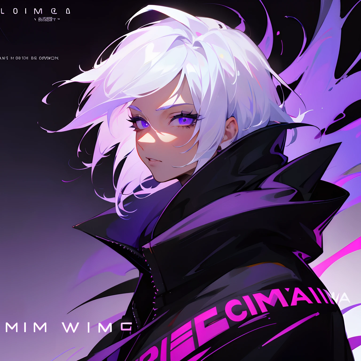 Magazine cover title:prime ultima,
1male with white hair purple glowing radiant eyesad face expression long eyelashes, short hair, wearing black hoodie, background very high tech futuristic city black and purple theme, side view wind blowing hair, close up View
