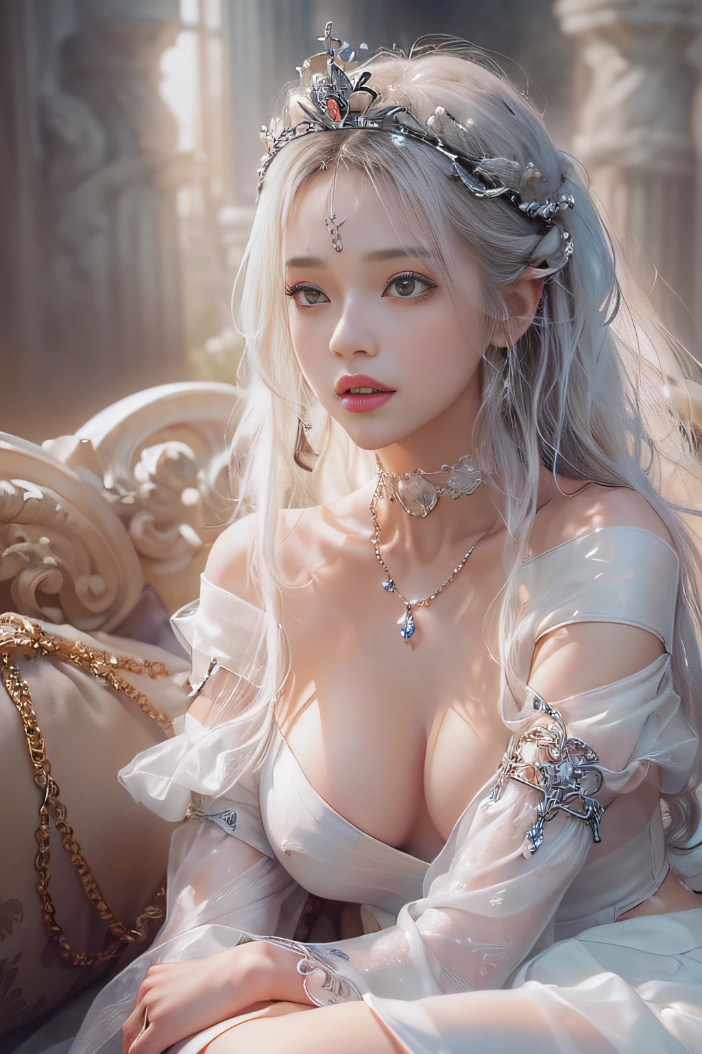 ((tmasterpiece:1.4)、(top-quality:1.4)、(reallistic:1.7))、By Luis Royo（By Luis Royo）Surreal portrait of a beautiful girl、Super beautiful girl、((1girl in:1.4))、Shiny natural skin texture、(The Queen's Gorgeous Costume)、((Sheer off-the-shoulder white one-piece mini skirt type:1.4))、((up skirt)),Authors：By Luis Royo（By Luis Royo）、age19、(Two arms:1.4、Two legs:1.4)、(perfect anatomia:1.4)、(Perfect female body:1.4)、Portrait photo of a girl、Close-up photos、Upper body photography、Fantasyart、Soft front light、Beautiful expression、kawaii faces、Beautiful udder、large full breasts:1.2、Beautiful ass、A detailed eye、Clearly eye-catching, beautiful and alluring、beautidful eyes、Narrow waist、Raw photo、red rip、Arrange your long hair as cool as a queen、(tiara crown:1.4、choker necklace:1.4、a necklace:1.4、耳Nipple Ring:1.4)、1 screen display、((Woman sitting on sofa bed)),((Translucent off-shoulder white dress))、((A smile))、((White T-back panties visible)),((erection)),