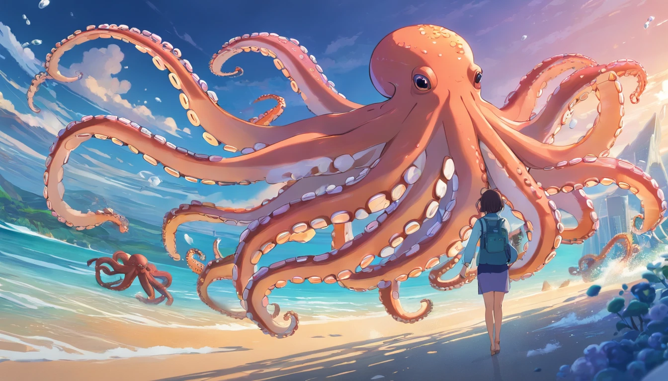 an octopus, vectorial, Quad view，