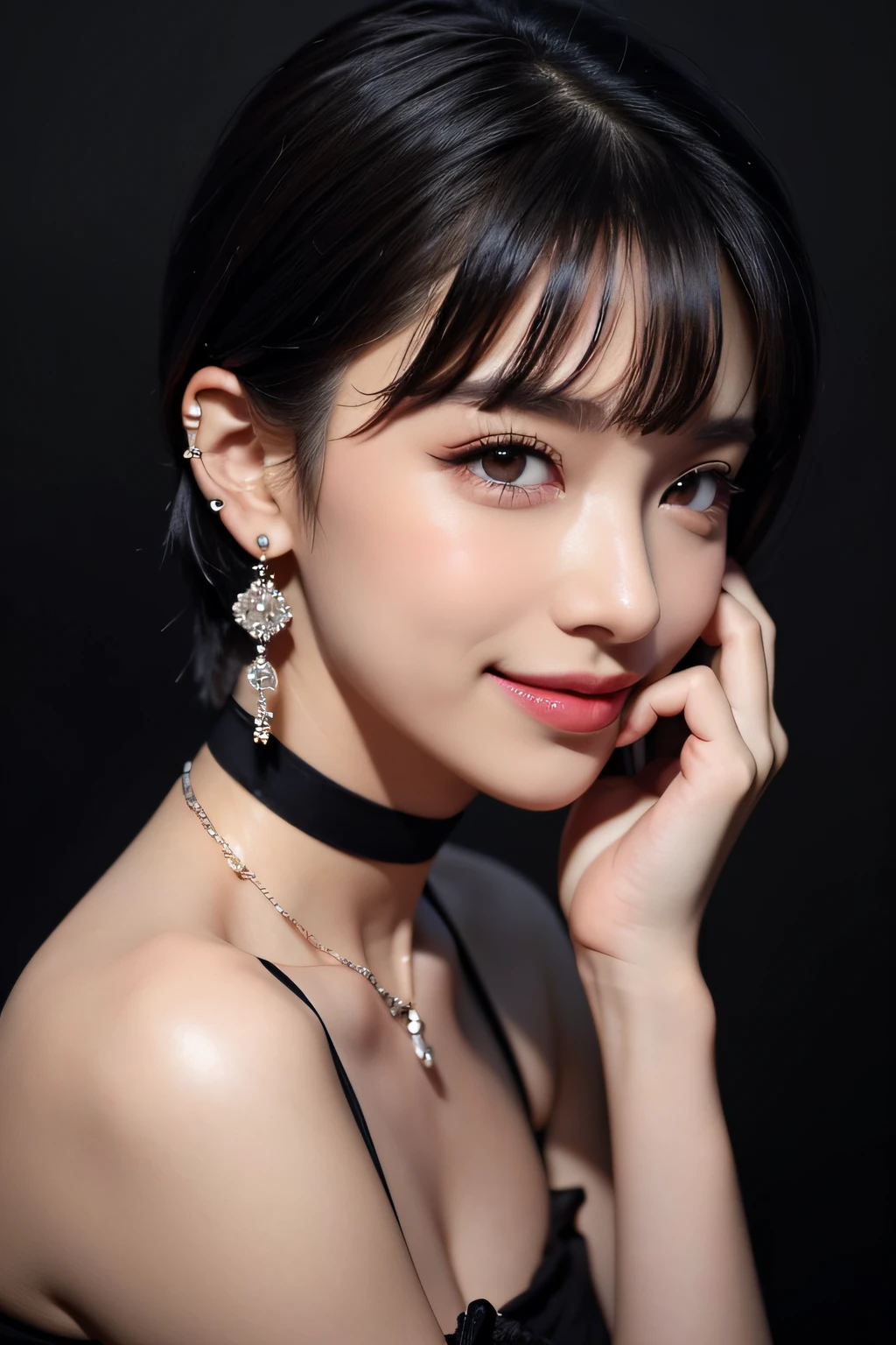 Pilyeon, Solo, 1girl in, Black nails, Jewelry, Short hair, Looking at Viewer, Choker, Necklace, hand on own face, Piercing, ((Black background)), heart mark, Closed mouth, grey eyes, nail polish, Simple background, Grey Hair, ear piercings, Black Choker, Smile, Eyelashes, Lips, hands on own cheeks, Bangs, Bracelet, bead, Pedras preciosas, earrings, Fingernails、a smile