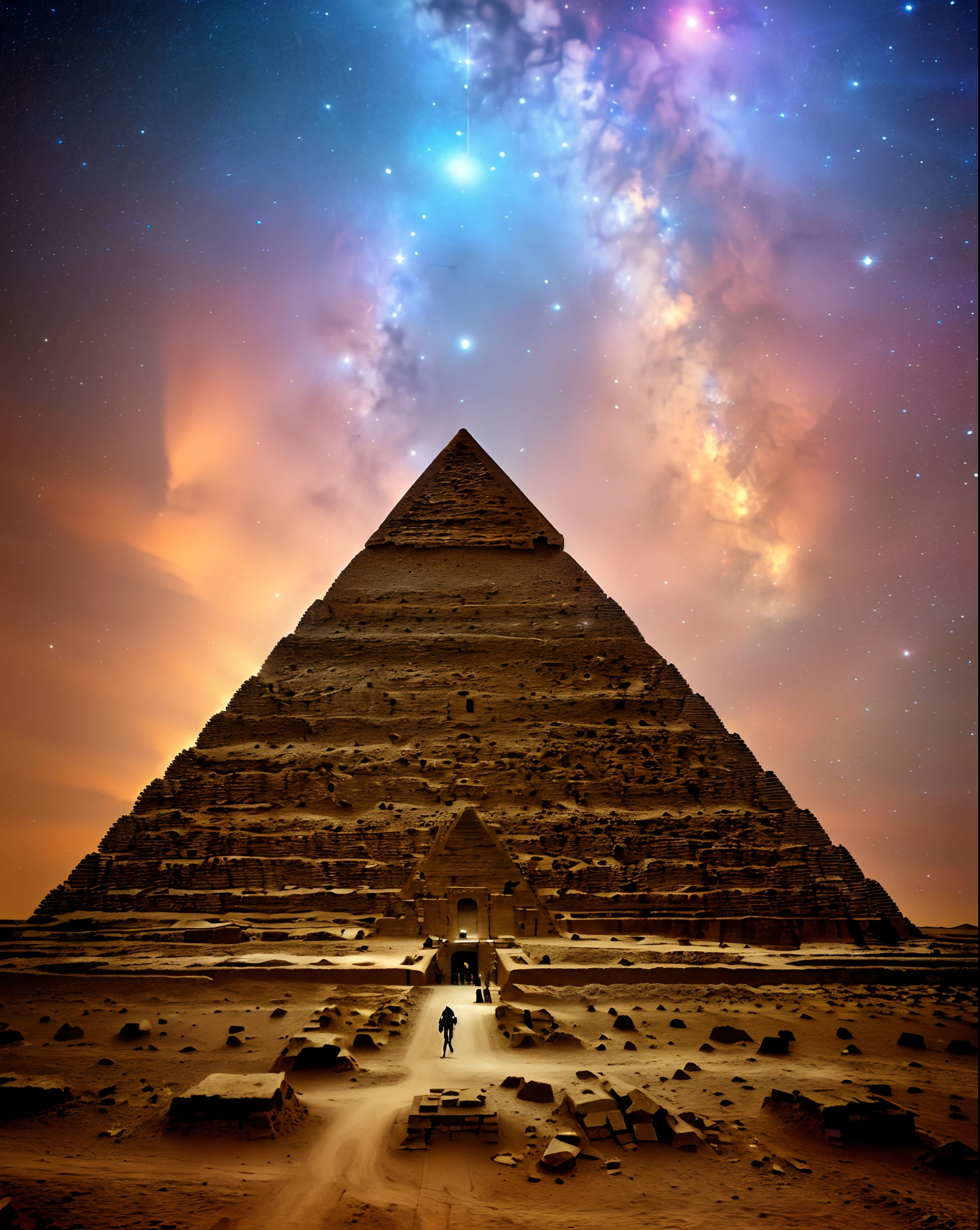 An ancient pyramid floating in an infinite universe. The pyramid is sparsely populated with stars. masterpiece, sharp, ultra detail, 8k,cyberspace soldier, angle view, top quality, dim, (high detail background:1.2),(high detail characters:1.2), dslr, soft lighting, high quality, film grain, fujifilm xt3, intricate detail,