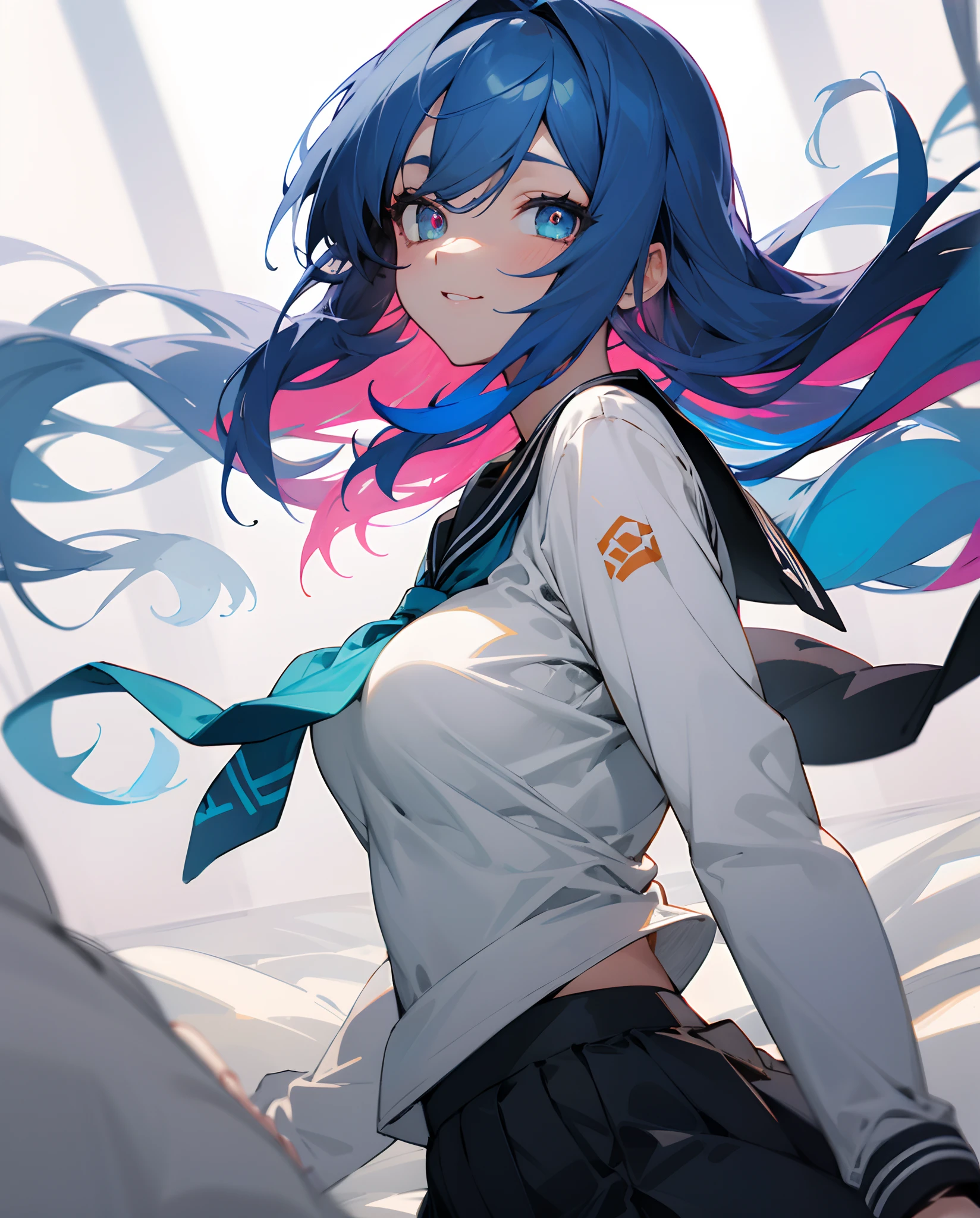 animated, upper body, looking to the side, focus on eyes, cold attitude, Perfect female body, Beautiful detailed girl, teenage girl, hime cut, parted bangs, long bangs between eyes, azure hair, multicolored hair, beatiful detailed hair, extremely beautiful detailed anime face and eyes, light smile, Vertical pupil, large breasts, white thighhighs, green right eye, necktie, serafuku, longsleeve, pantyhose, The skirt sways with the wind, long top sleeves past fingers, Bare thigh, on bed,