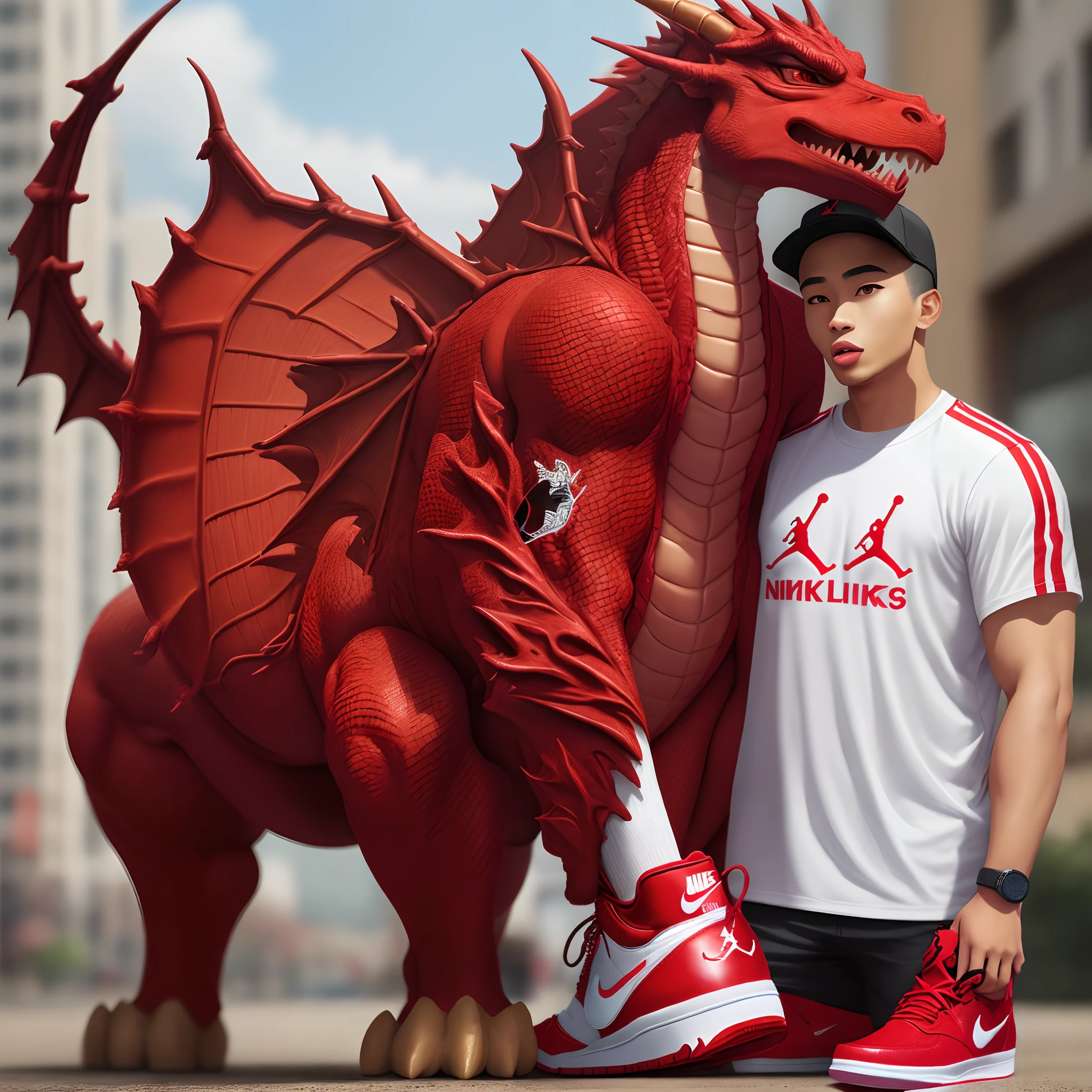 A red dragon wearing red nike jordan ones