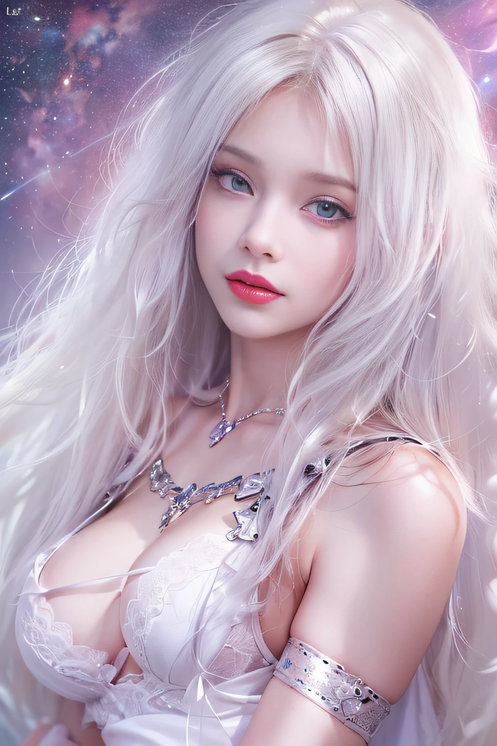((tmasterpiece:1.4)、(top-quality:1.4)、(reallistic:1.7))、By Luis Royo（By Luis Royo）Surreal portrait of a beautiful girl、Super beautiful girl、((1girl in:1.4))、Shiny natural skin texture、Authors：By Luis Royo（By Luis Royo）、age19、(Two arms:1.4、Two legs:1.4)、(perfect anatomia:1.4)、(Perfect female body:1.4)、Portrait photo of a girl、Close-up photos、Full body shooting、((masutepiece:1.4), (of the highest quality:1.4), (Realistic:1.7), By Luis Royo, Beautiful Girl, Super beautiful girl, ((1girl in:1. 4), Shiny natural skin texture, Authors: By Luis Royo, 19 years old, (Perfect female body: 1.4), (Perfect female body: 1.) 4), Portrait photo of a girl, Close-up photos, （Full body photo）, Fantasy Art, Soft front light, Beautiful expression, Kawaii face, Beautiful breasts, Large Full Breasted: 1. 2, Beautiful buttocks, Fine eyes, Clear and eye-catching, beautiful and alluring, Beautiful eyes, thin waist, Raw photo, Red lips, ((White hair, Long hair)) , 1 Screen View, ((Woman on all fours on silk bed)), (sexyposture), (the milky way in the sky),((T-back panties))、((White garters and garter belts))、(A smile),((posterior view))、((Looks Back))、((Vaginal orchids)）、((erection)）