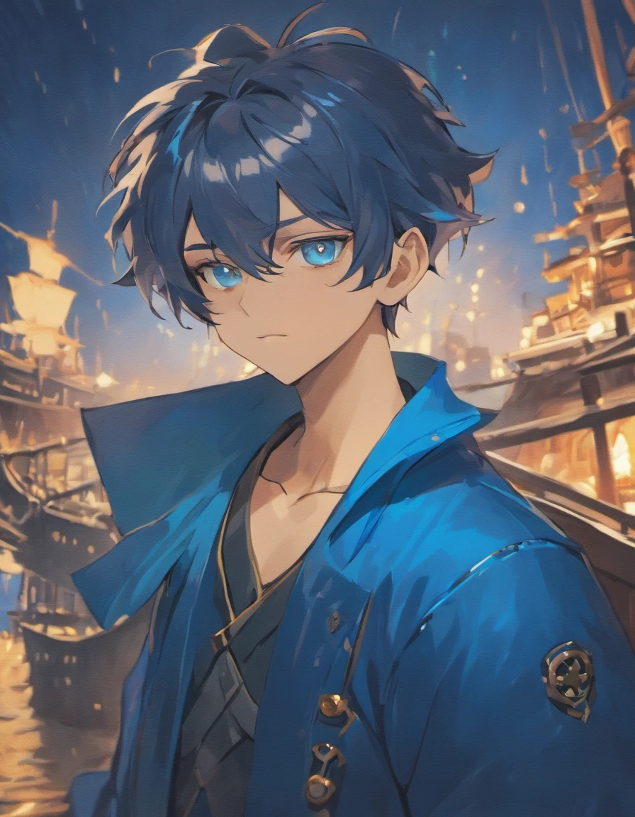 (best quality, highres:1.2), blue-skinned man, detailed facial features, vibrant blue skin tone, blue eyes, sculpted cheekbones, wavy brow hair, wearing a stylist pirate clothe, standing confidently in a ship, maritime background, glowing lights illuminating the scene, vivid colors