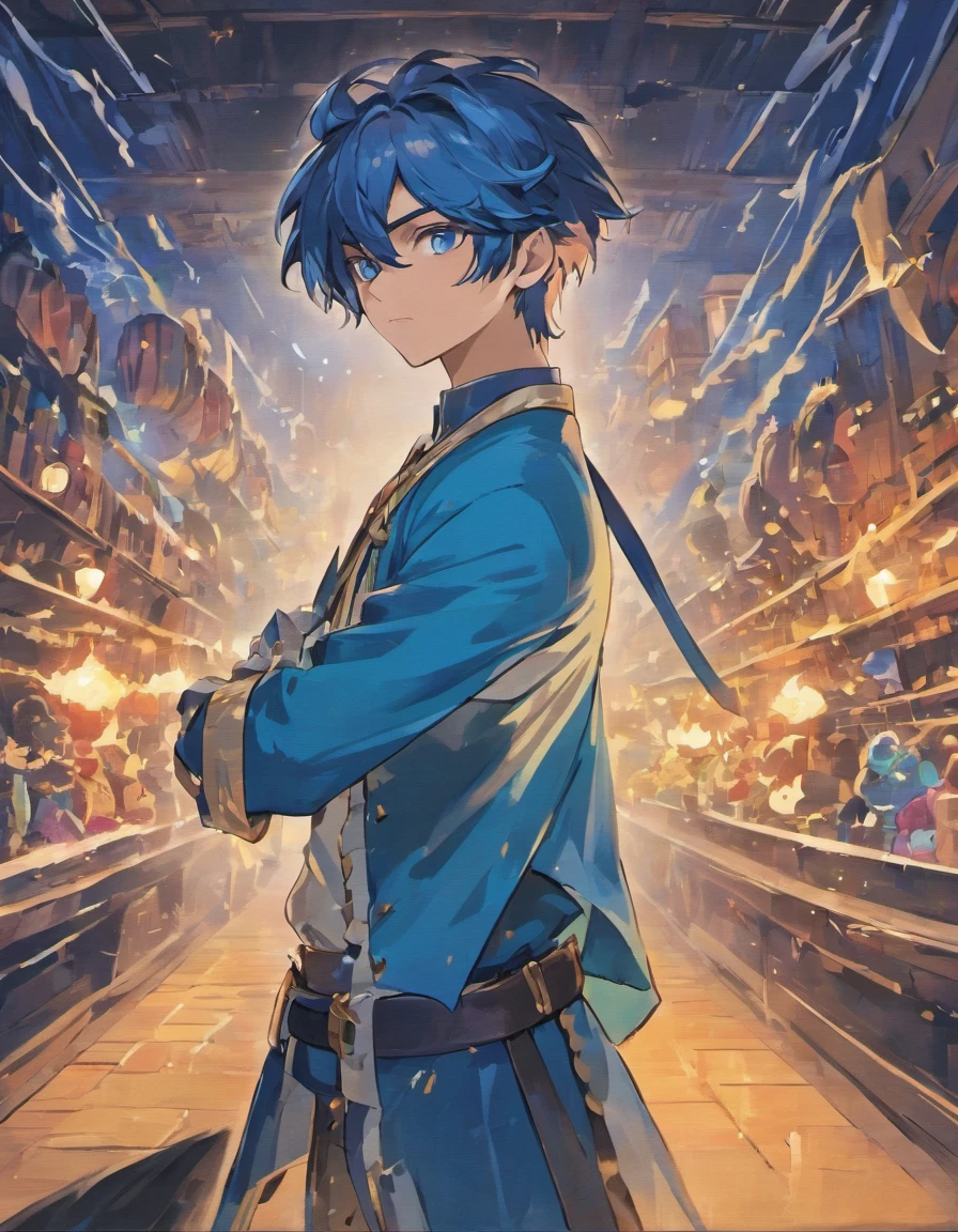 (best quality, highres:1.2), blue-skinned man, detailed facial features, vibrant blue skin tone, blue eyes, sculpted cheekbones, wavy brow hair, wearing a stylist pirate clothe, standing confidently in a ship, maritime background, glowing lights illuminating the scene, vivid colors